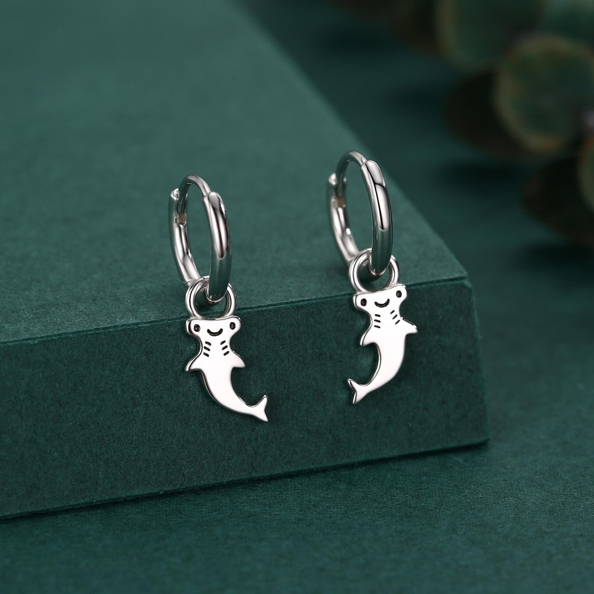 Sterling Silver Kawaii Shark Detachable Huggie Hoop Earrings