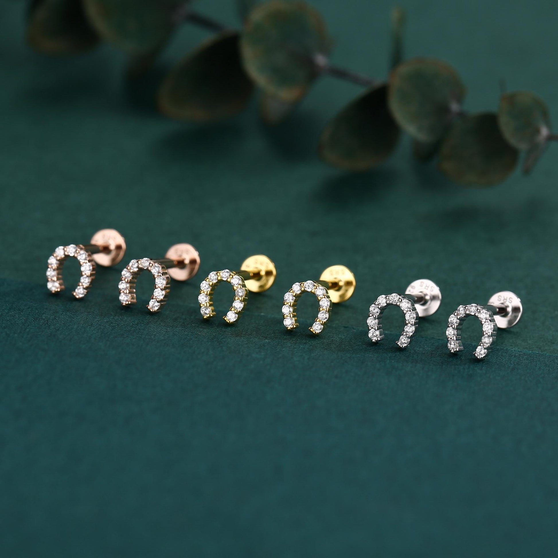 Sterling Silver CZ Horseshoe 16G Flat Back Labret Earrings