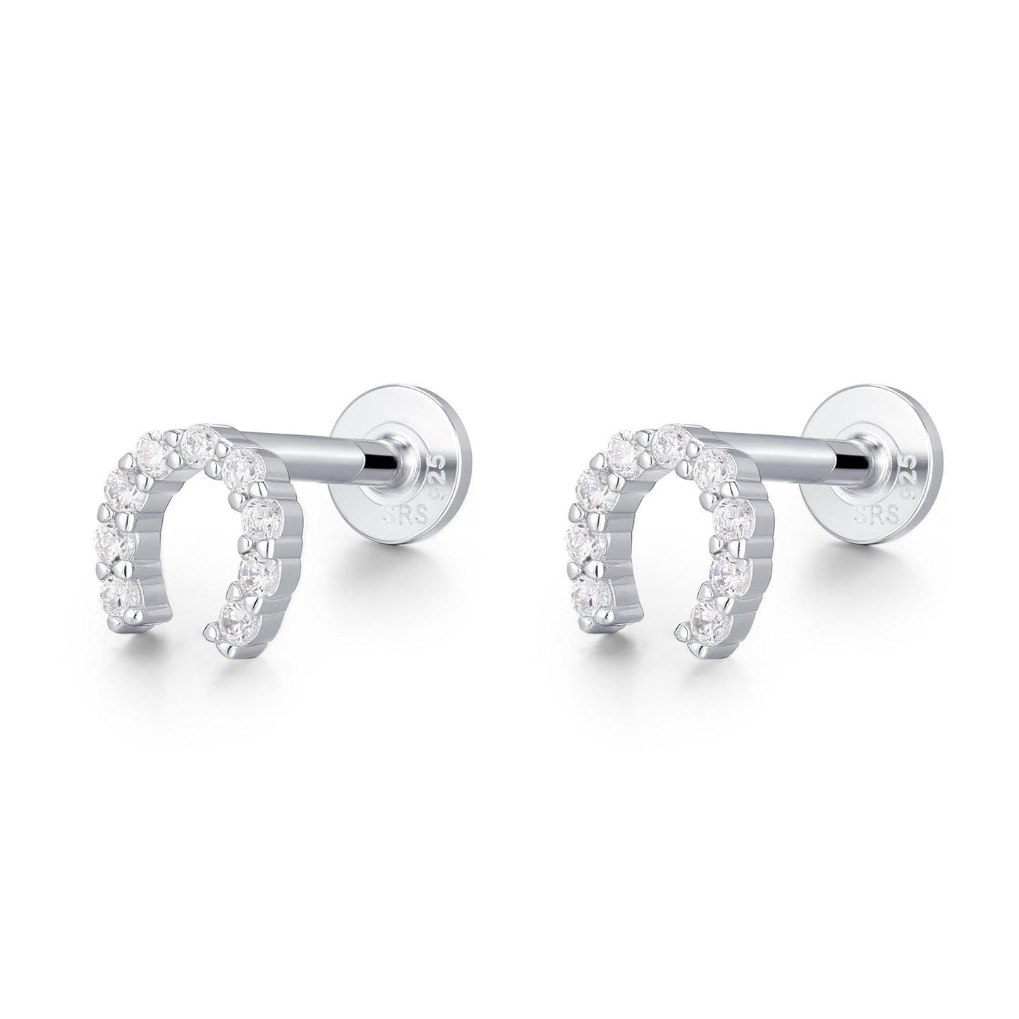 Sterling Silver CZ Horseshoe 16G Flat Back Labret Earrings