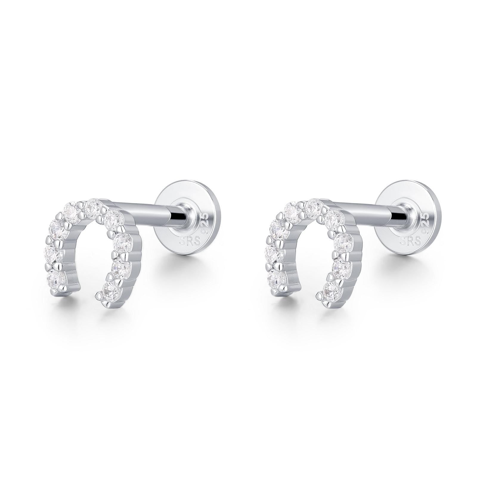 Sterling Silver CZ Horseshoe 16G Flat Back Labret Earrings