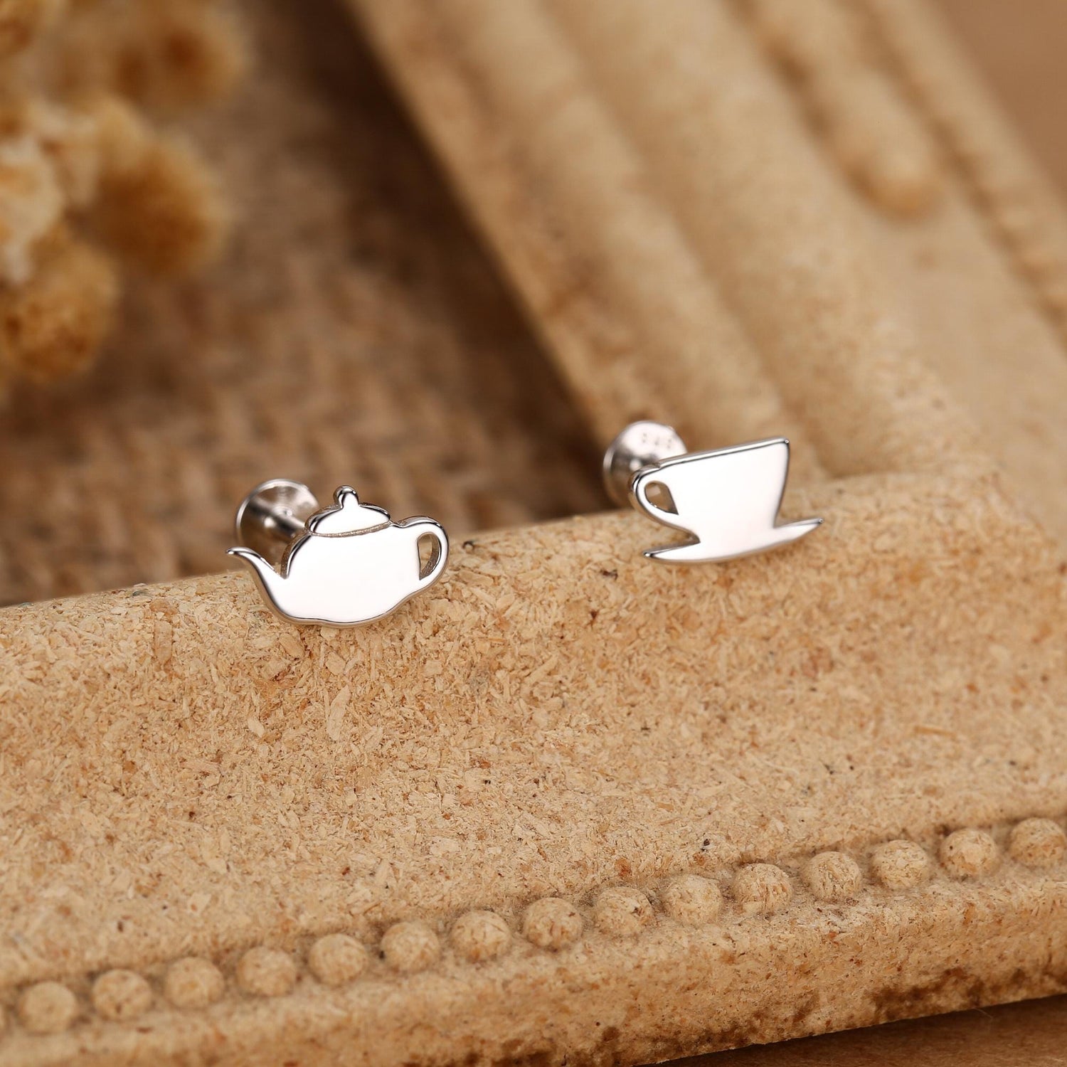 Sterling Silver Teapot and Teacup 16G Mismatched Flat Back Labret Earrings