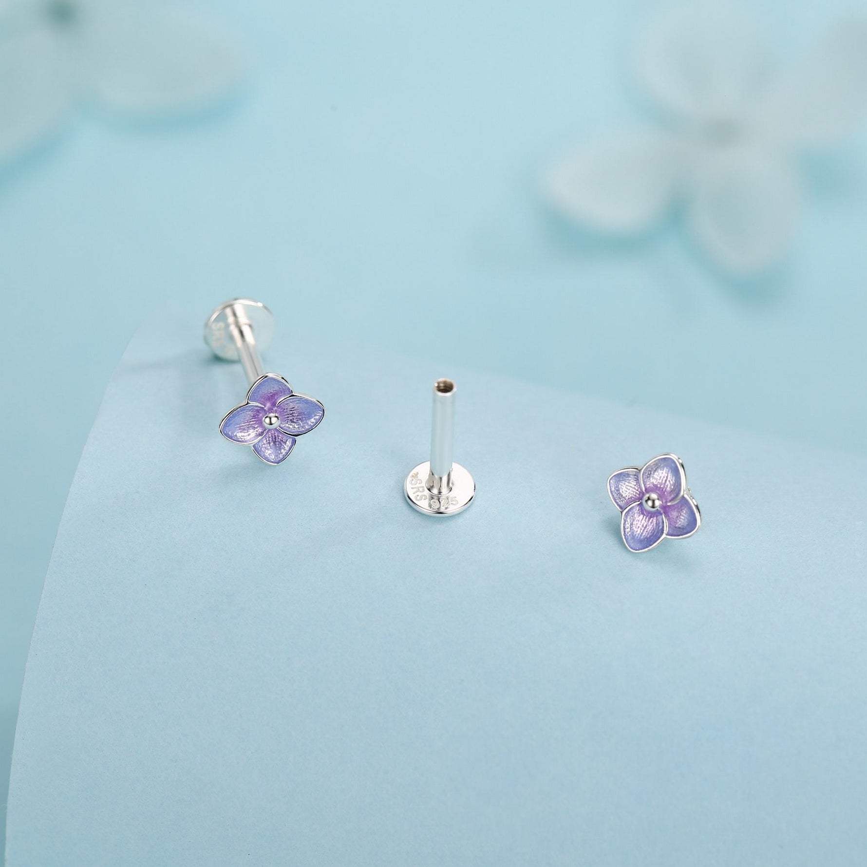 Sterling Silver Purple Hydrangea Flower 16G Flat Back Labret Earrings