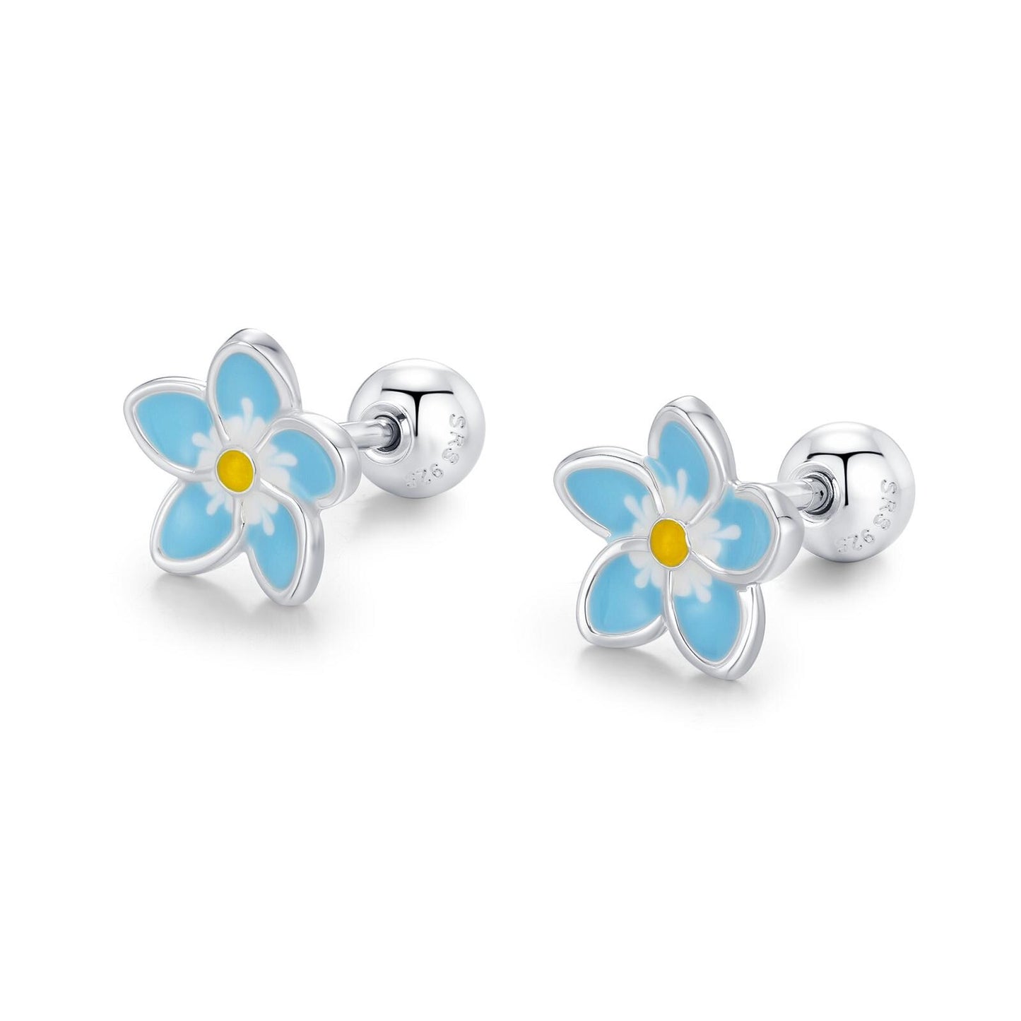 Sterling Silver Forget-Me-Not Flower 18G Screw Back Stud Earrings with Ball Backs
