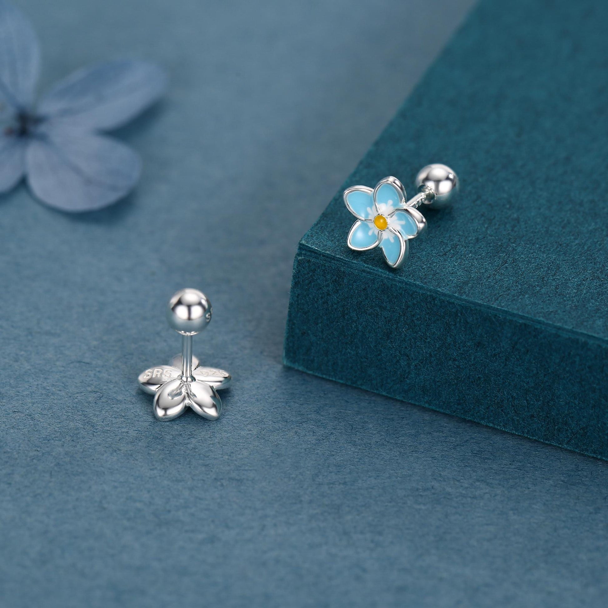 Sterling Silver Forget-Me-Not Flower 18G Screw Back Stud Earrings with Ball Backs