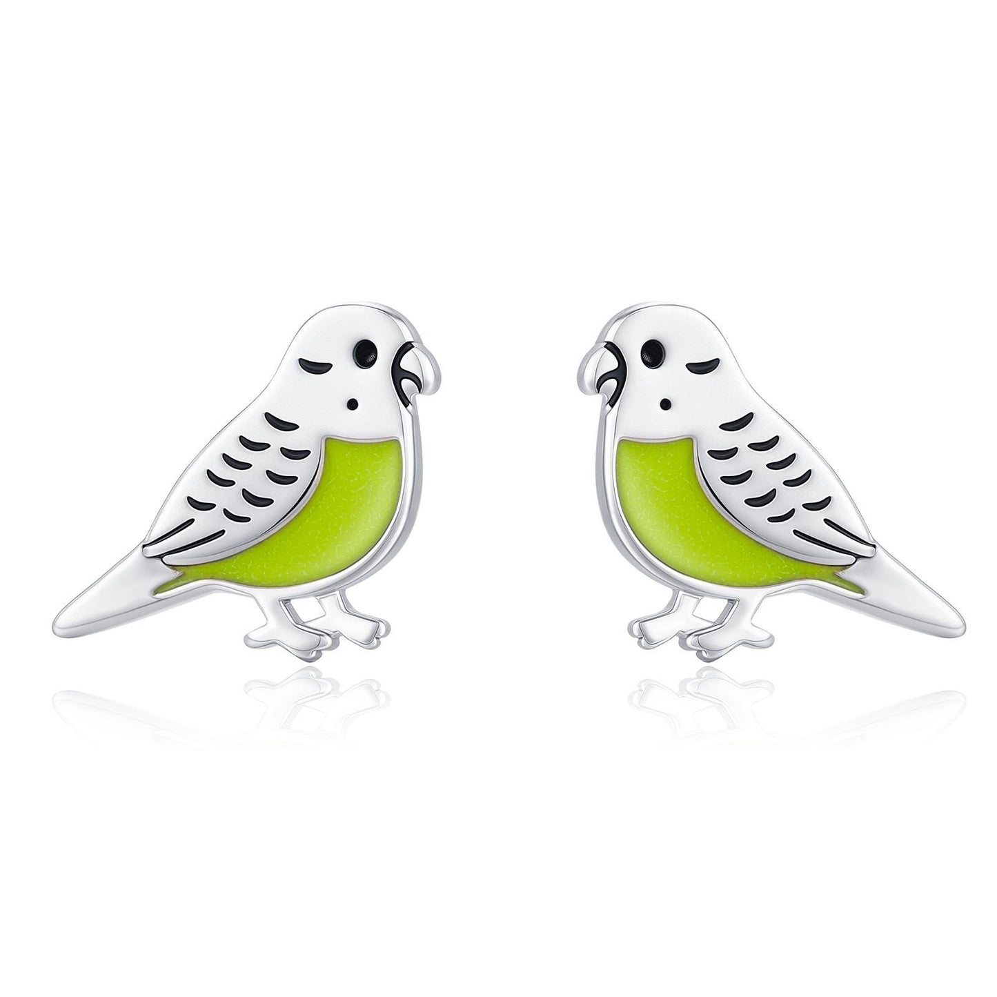 Sterling Silver Green Enamel Budgie Stud Earring