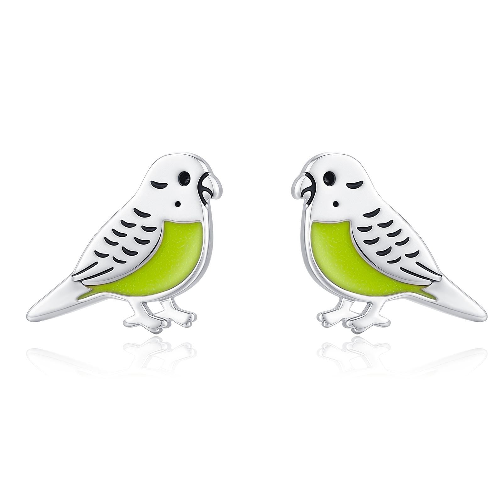 Sterling Silver Green Enamel Budgie Stud Earring