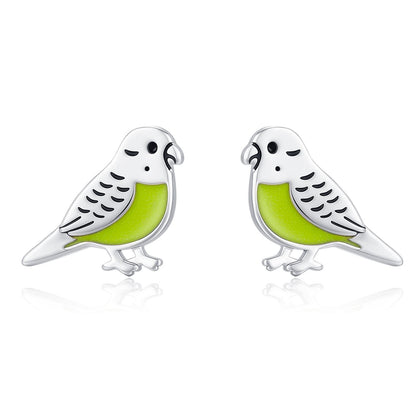 Sterling Silver Green Enamel Budgie Stud Earring