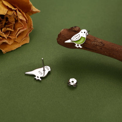 Sterling Silver Green Enamel Budgie Stud Earring