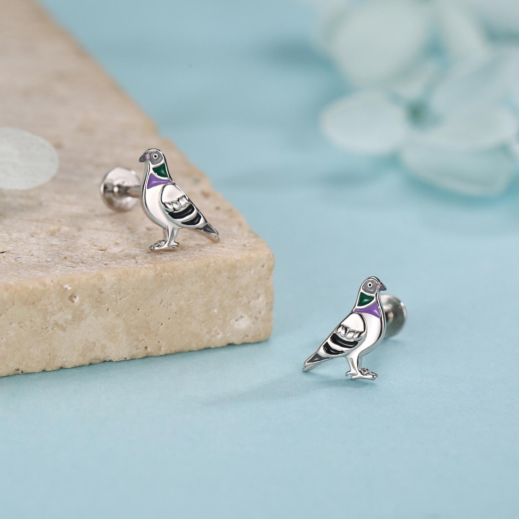 Sterling Silver Enamel Pigeon 16G Flat Back Labret Earrings