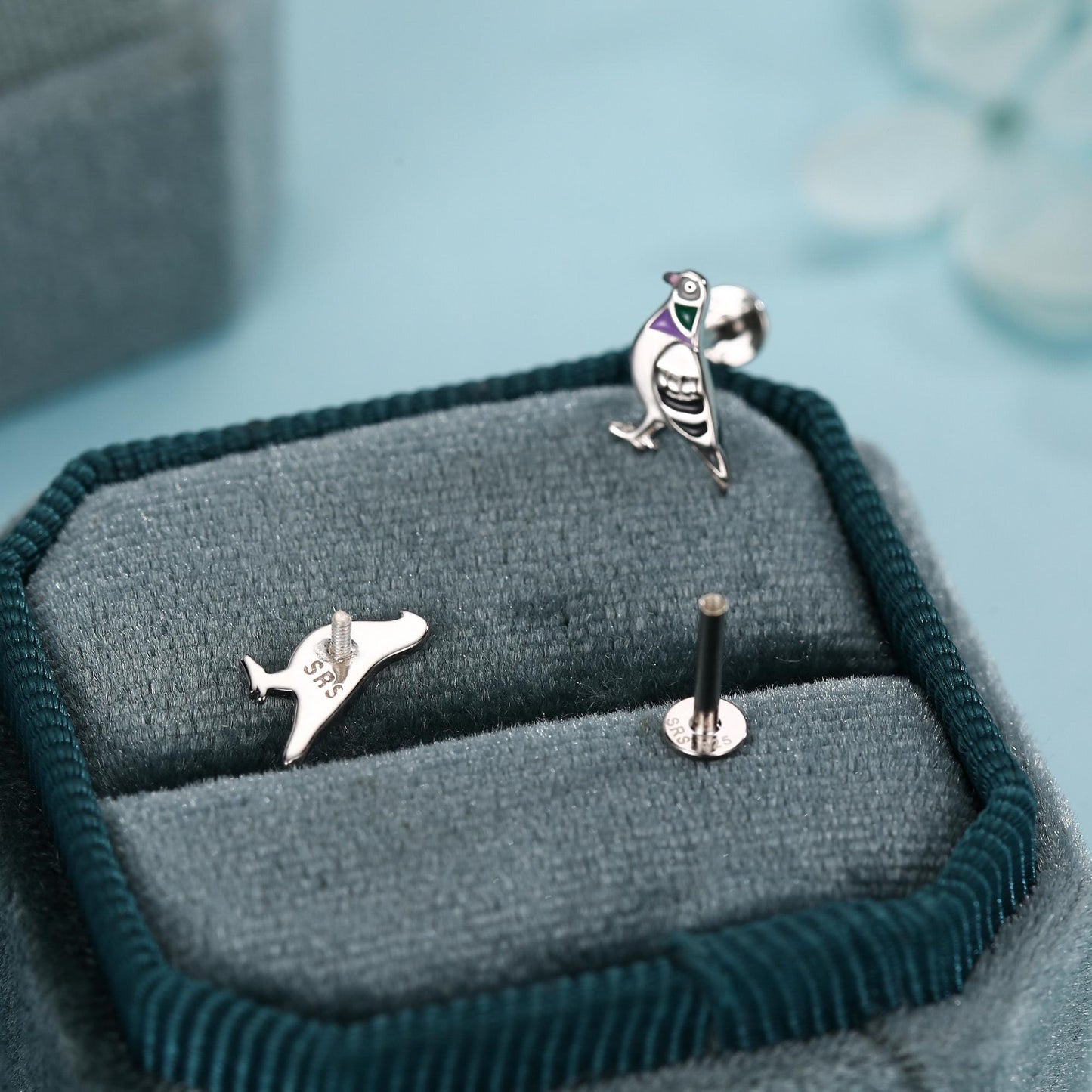 Sterling Silver Enamel Pigeon 16G Flat Back Labret Earrings