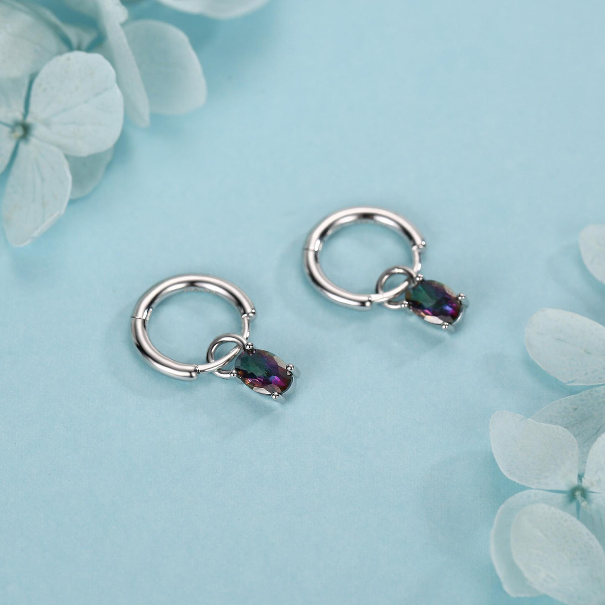 Oval Aurora Black CZ Huggie Hoop in Sterling Silver, Silver or Gold, Mystic Topaz CZ Crystal Hoop Earrings, Detachable and Interchangeable