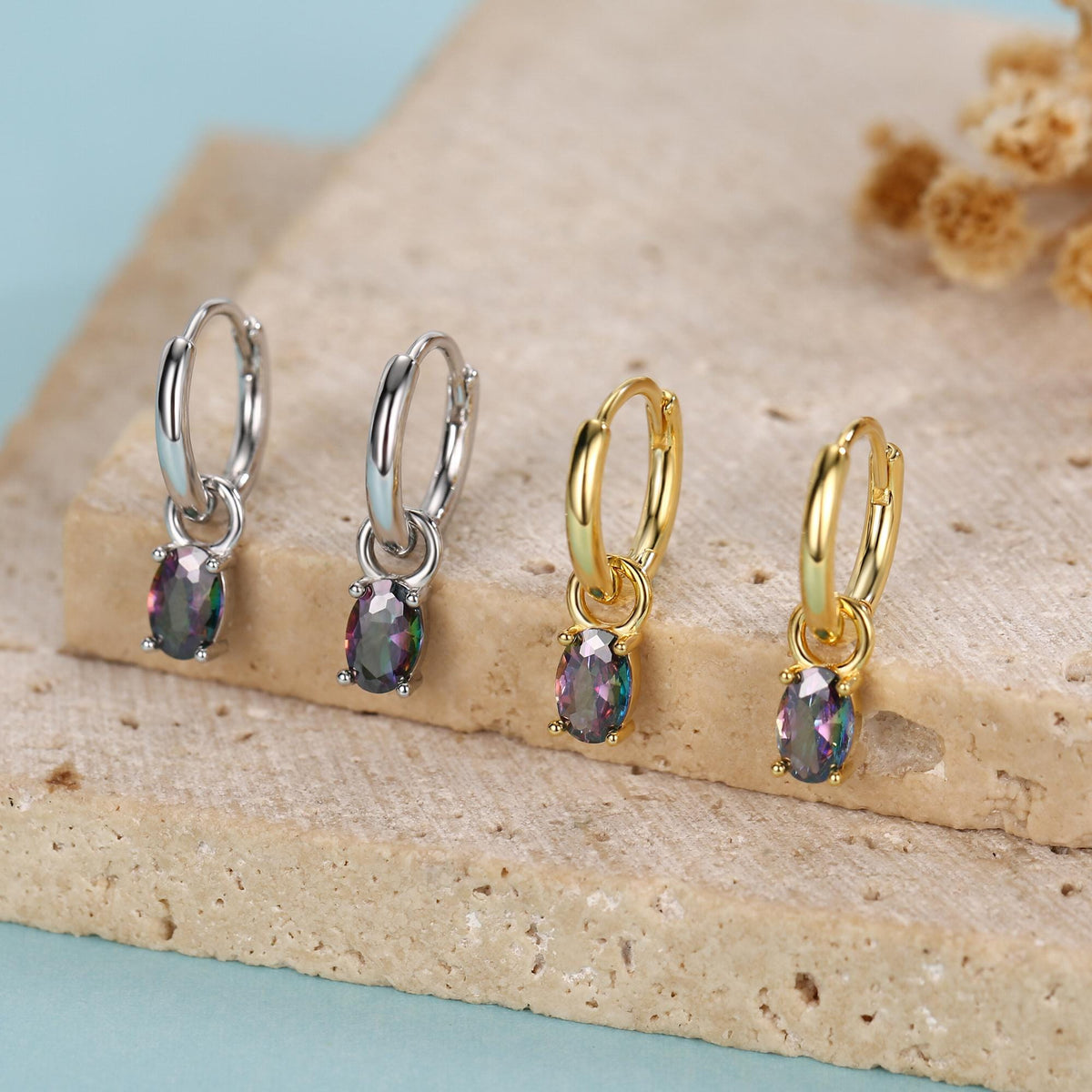 Oval Aurora Black CZ Huggie Hoop in Sterling Silver, Silver or Gold, Mystic Topaz CZ Crystal Hoop Earrings, Detachable and Interchangeable