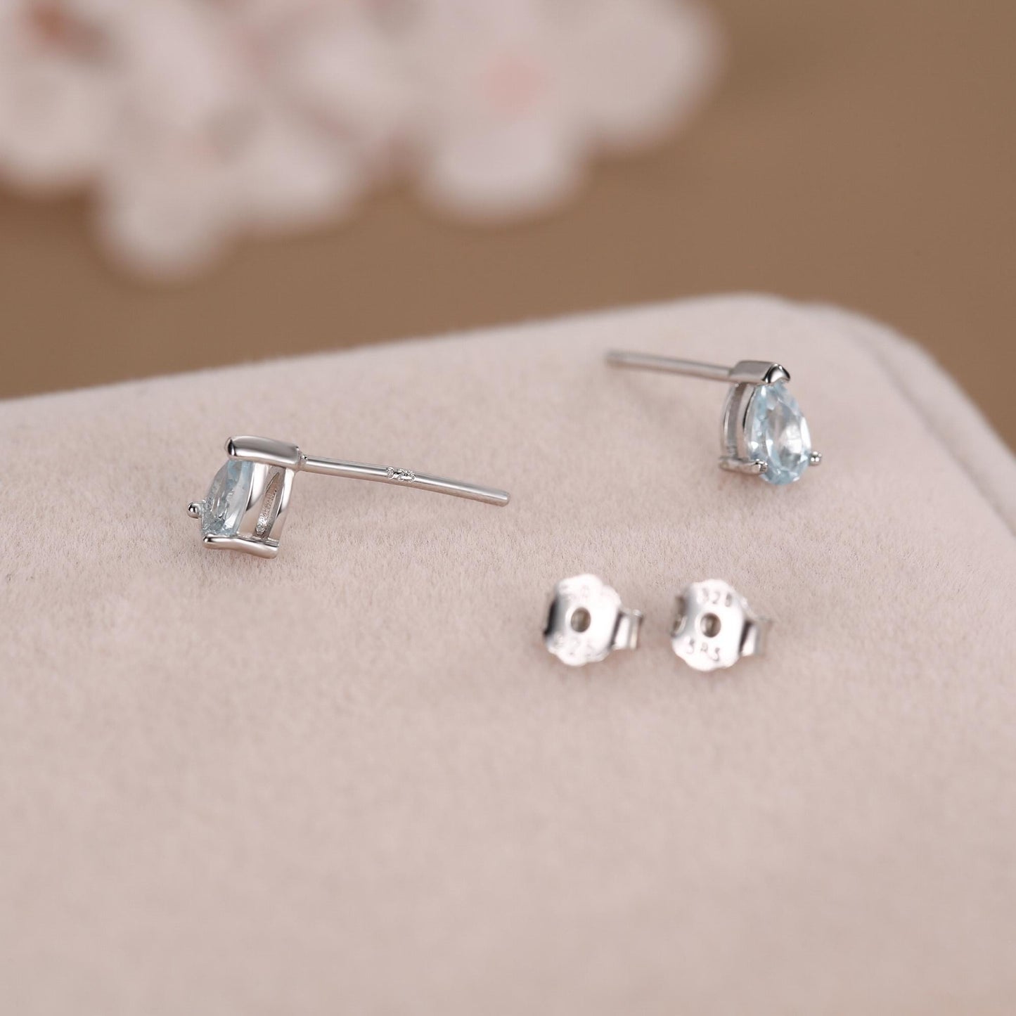 Genuine Swiss Blue Topaz Crystal Droplet Stud Earrings in Sterling Silver, Natural Blue Topaz Pear Shape Stud Earrings, March Birthstone