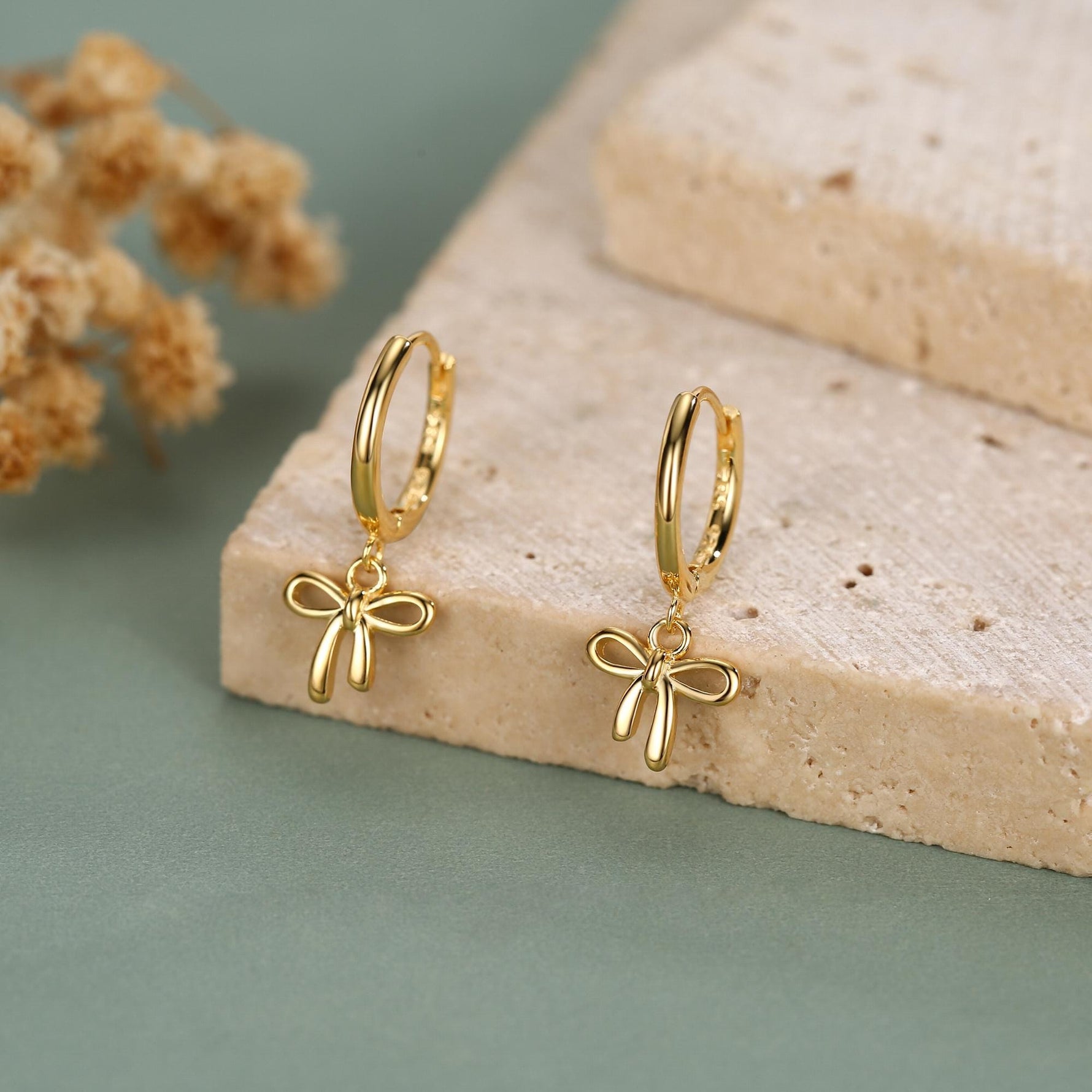Ribbon Bow Huggie Hoop Earrings in Sterling Silver, Silver or Gold or Rose Gold, Ribbon Bow Earrings, Ribbon Bow Huggies