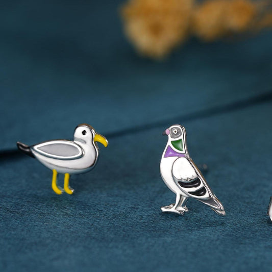 Quirky Mismatched Seagull and Pigeon Stud Earrings in Sterling Silver, Enamel Coated Pigeon Bird Earrings, Nature Inspired Animal Earrings