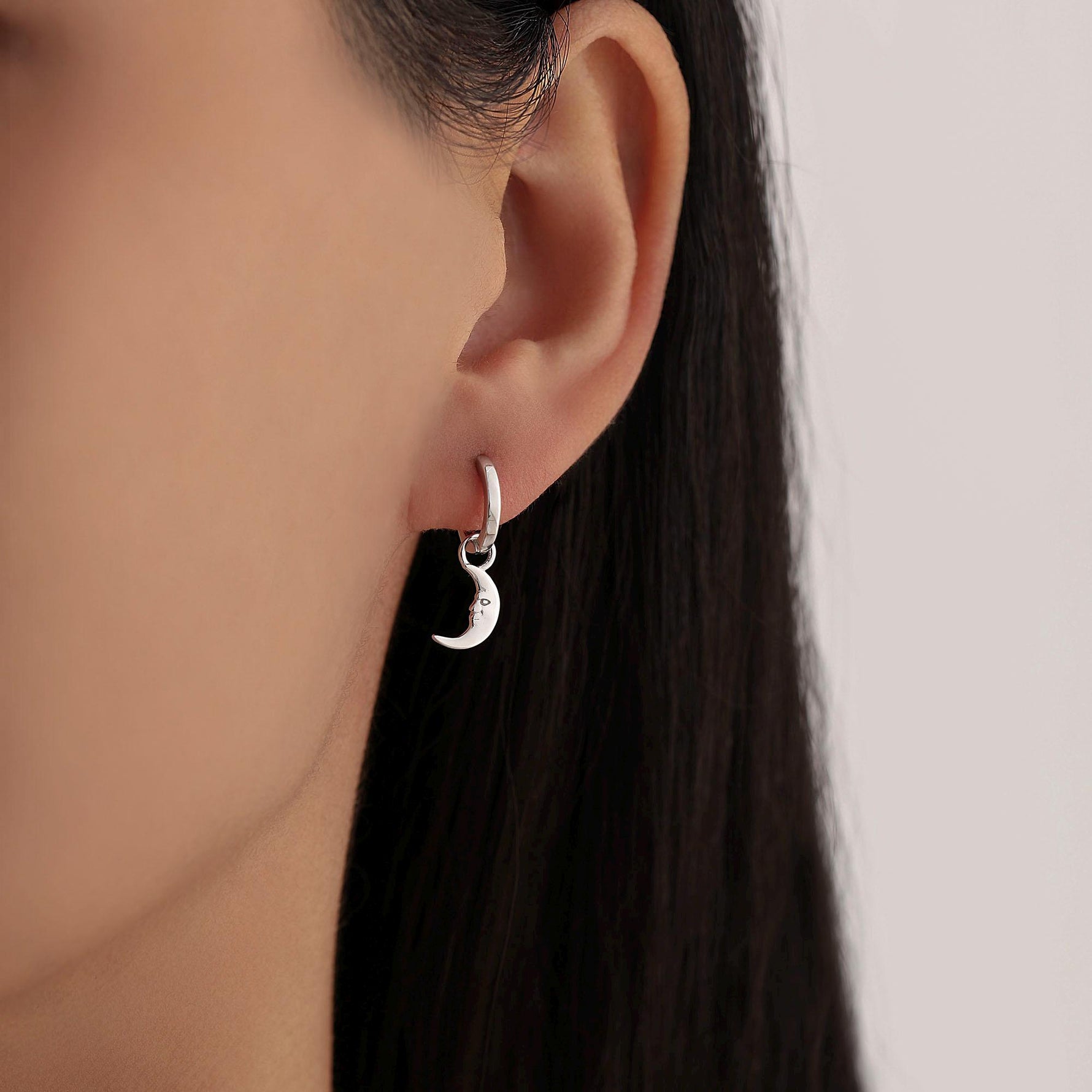 Sterling Silver Crescent Moon Face Hoop Earrings, Detachable Charm Dangle Hoop Earrings, Silver or Gold, Interchangeable Charms