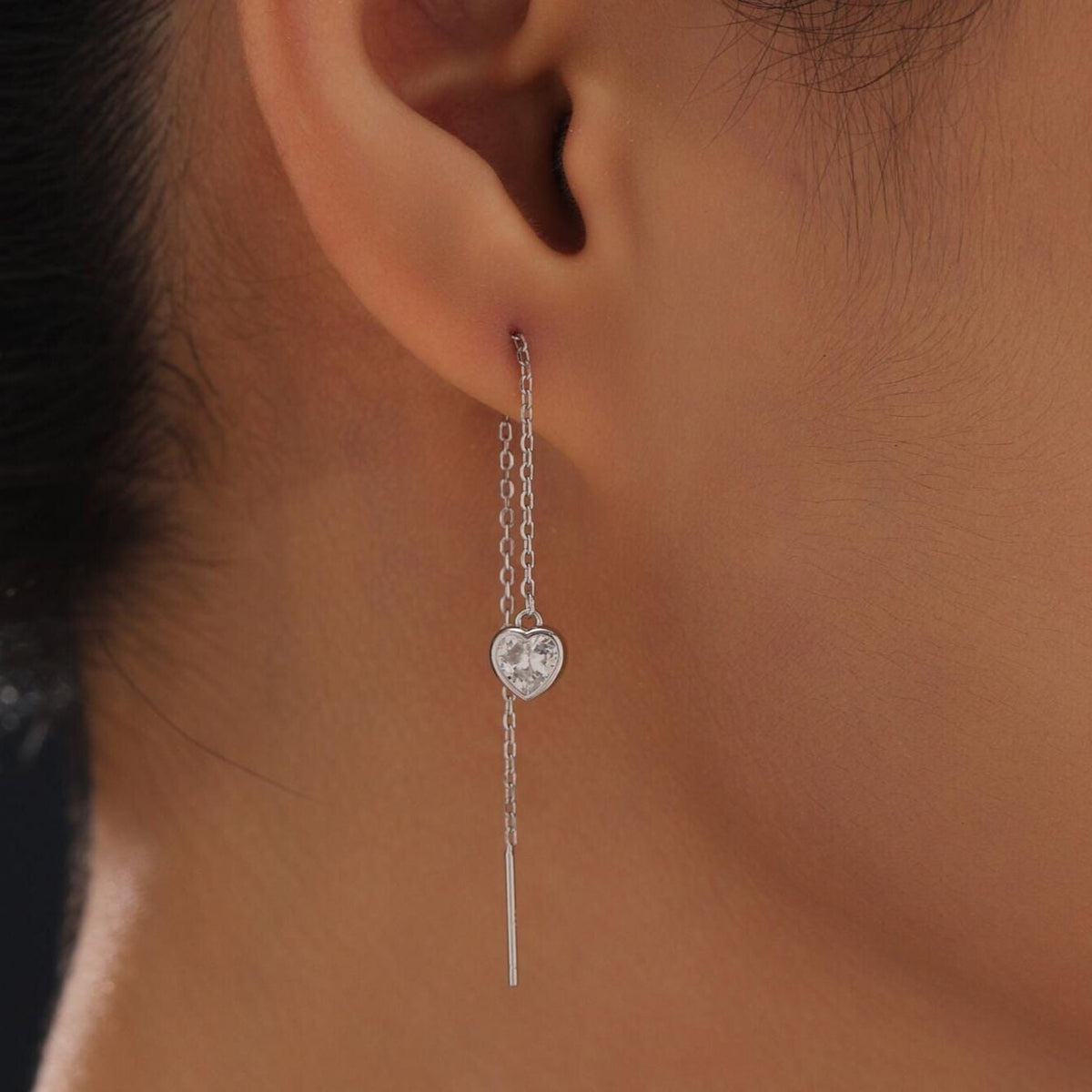 Tiny CZ Heart Threader Earrings in Sterling Silver, 9cm, Silver or Gold, Dainty Heart Ear Threaders, Delicate Heart Threaders