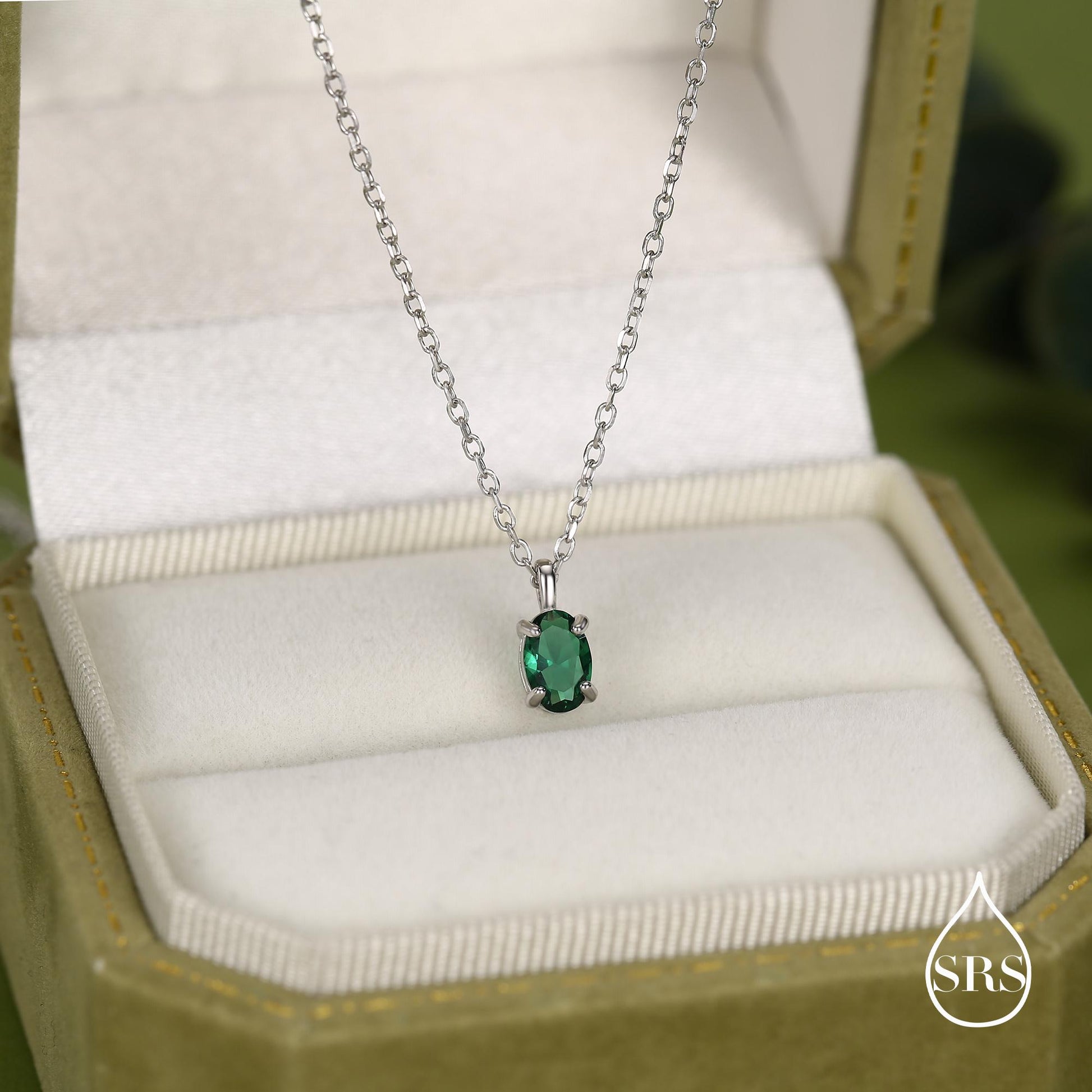 Sterling Silver Extra Tiny 4x6mm Emerald Green CZ Oval Pendant Necklace