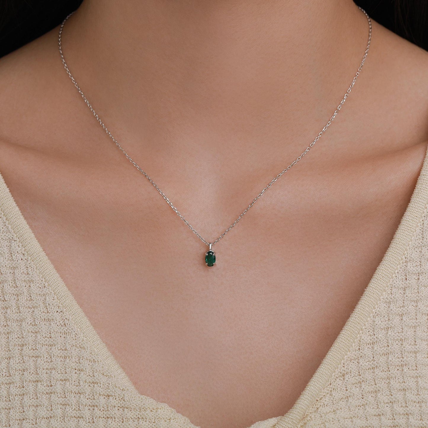 Sterling Silver Extra Tiny 4x6mm Emerald Green CZ Oval Pendant Necklace