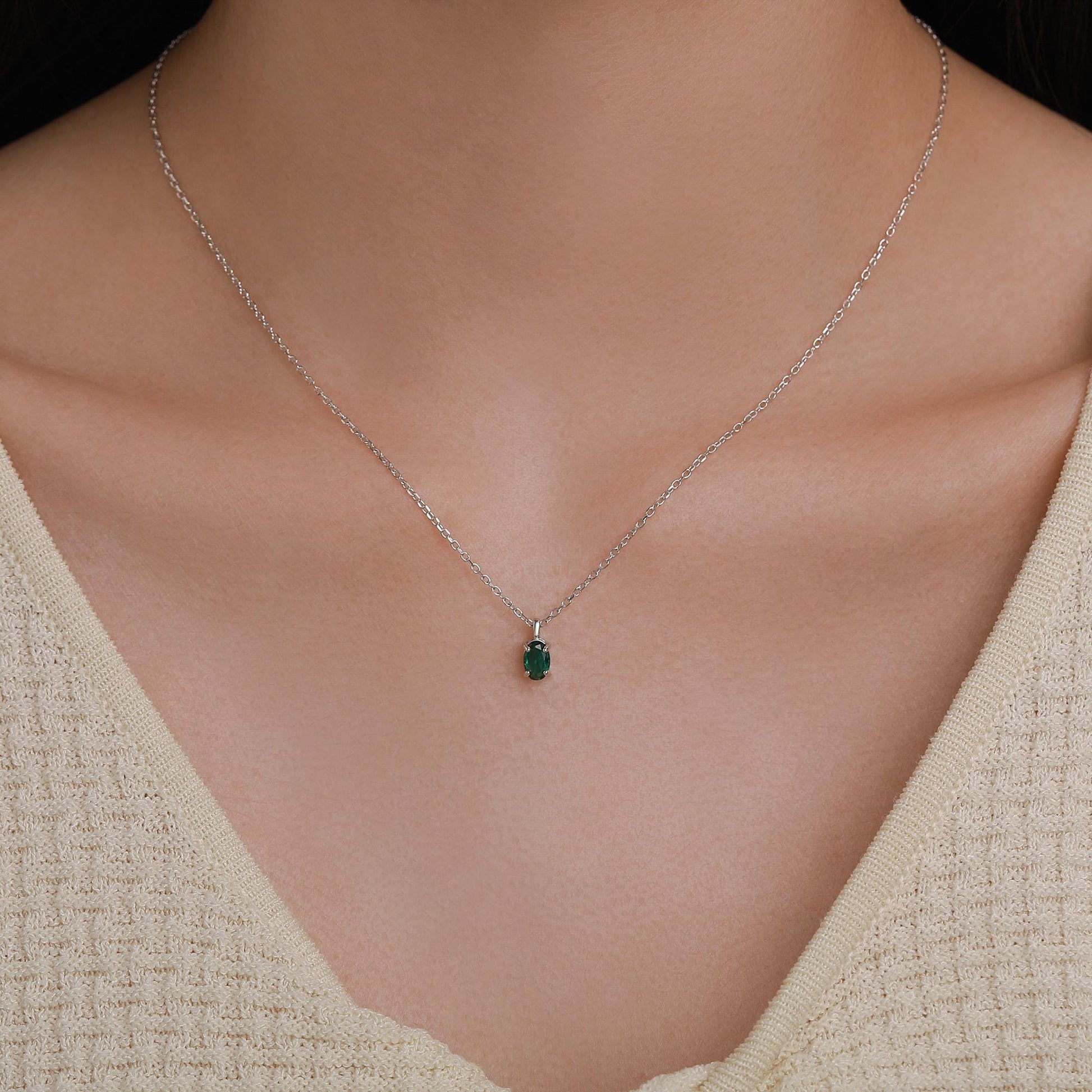 Sterling Silver Extra Tiny 4x6mm Emerald Green CZ Oval Pendant Necklace