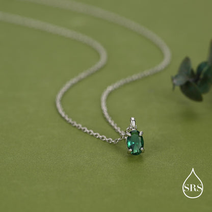 Sterling Silver Extra Tiny 4x6mm Emerald Green CZ Oval Pendant Necklace