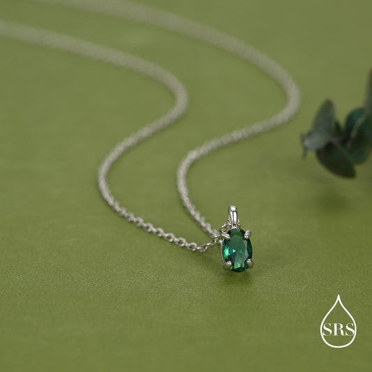 Sterling Silver Extra Tiny 4x6mm Emerald Green CZ Oval Pendant Necklace