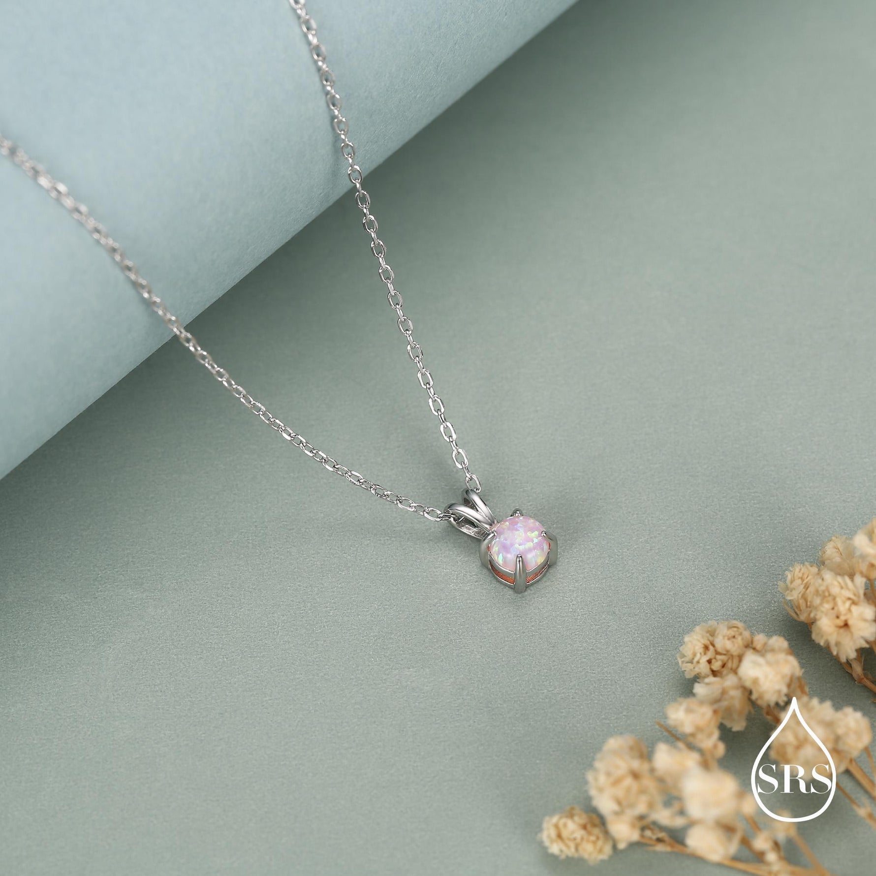 Tiny Pink Opal Pendant Necklace in Sterling Silver, 5mm Lab Opal Necklace, Single Opal Necklace, Fire Opal Necklace