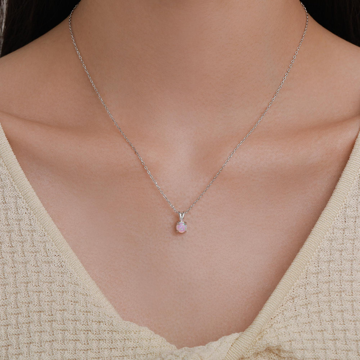 Tiny Pink Opal Pendant Necklace in Sterling Silver, 5mm Lab Opal Necklace, Single Opal Necklace, Fire Opal Necklace