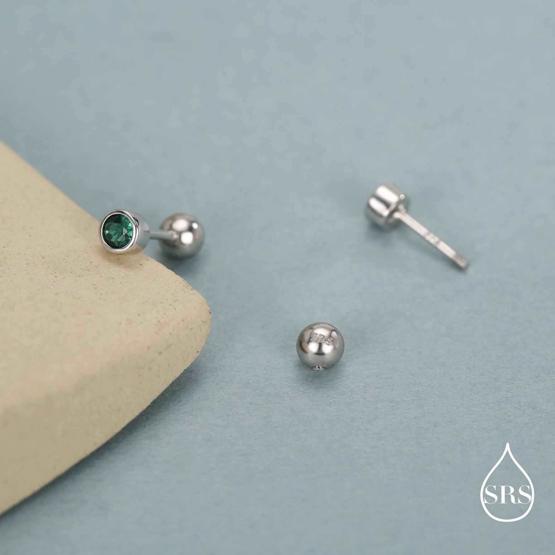 Extra Tiny Emerald Green Baguette CZ Screw Back Earrings in Sterling Silver, Silver or Gold, Stacking Earrings, Barbell Earrings