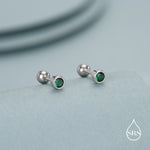 Extra Tiny Emerald Green Baguette CZ Screw Back Earrings in Sterling Silver, Silver or Gold, Stacking Earrings, Barbell Earrings