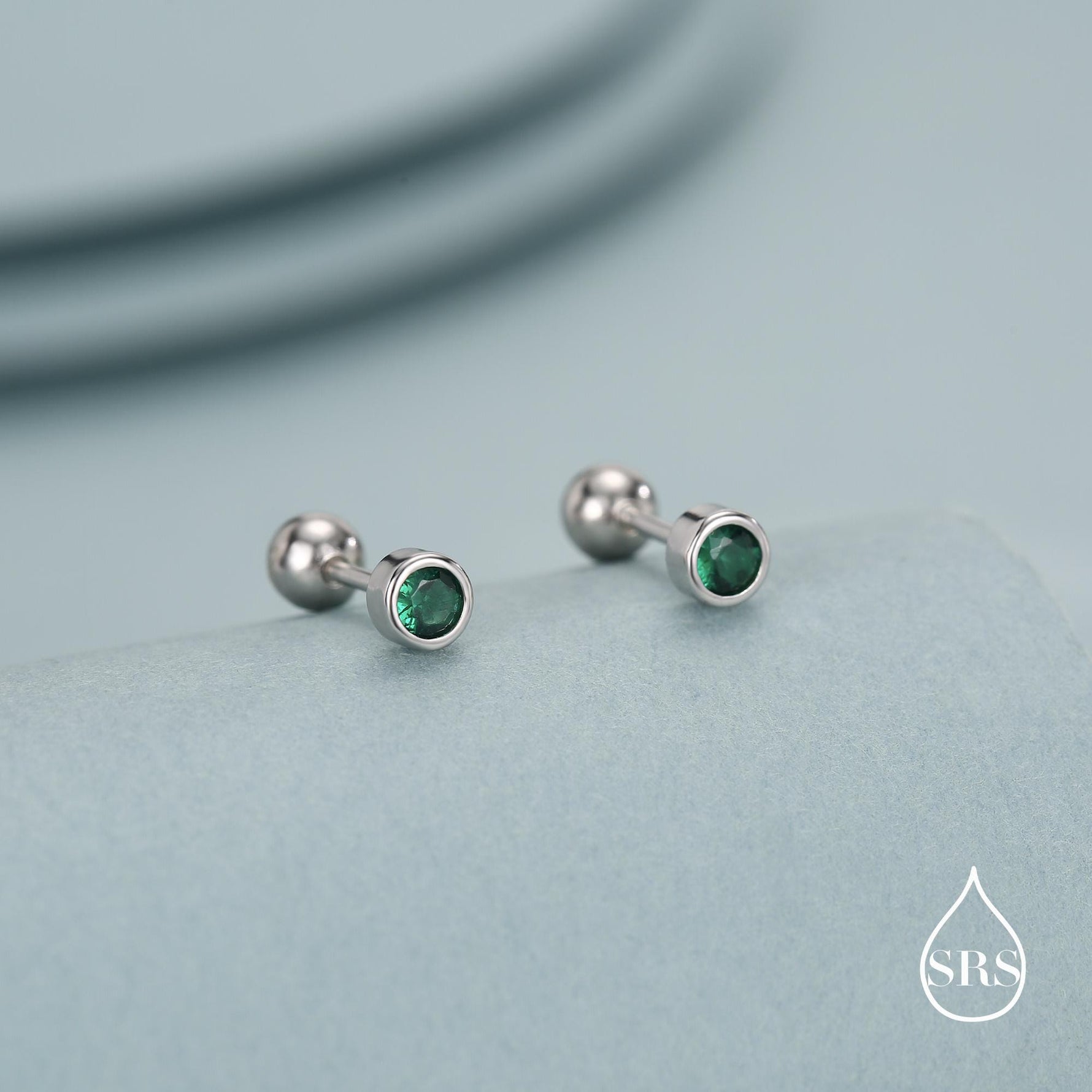 Extra Tiny Emerald Green Baguette CZ Screw Back Earrings in Sterling Silver, Silver or Gold, Stacking Earrings, Barbell Earrings