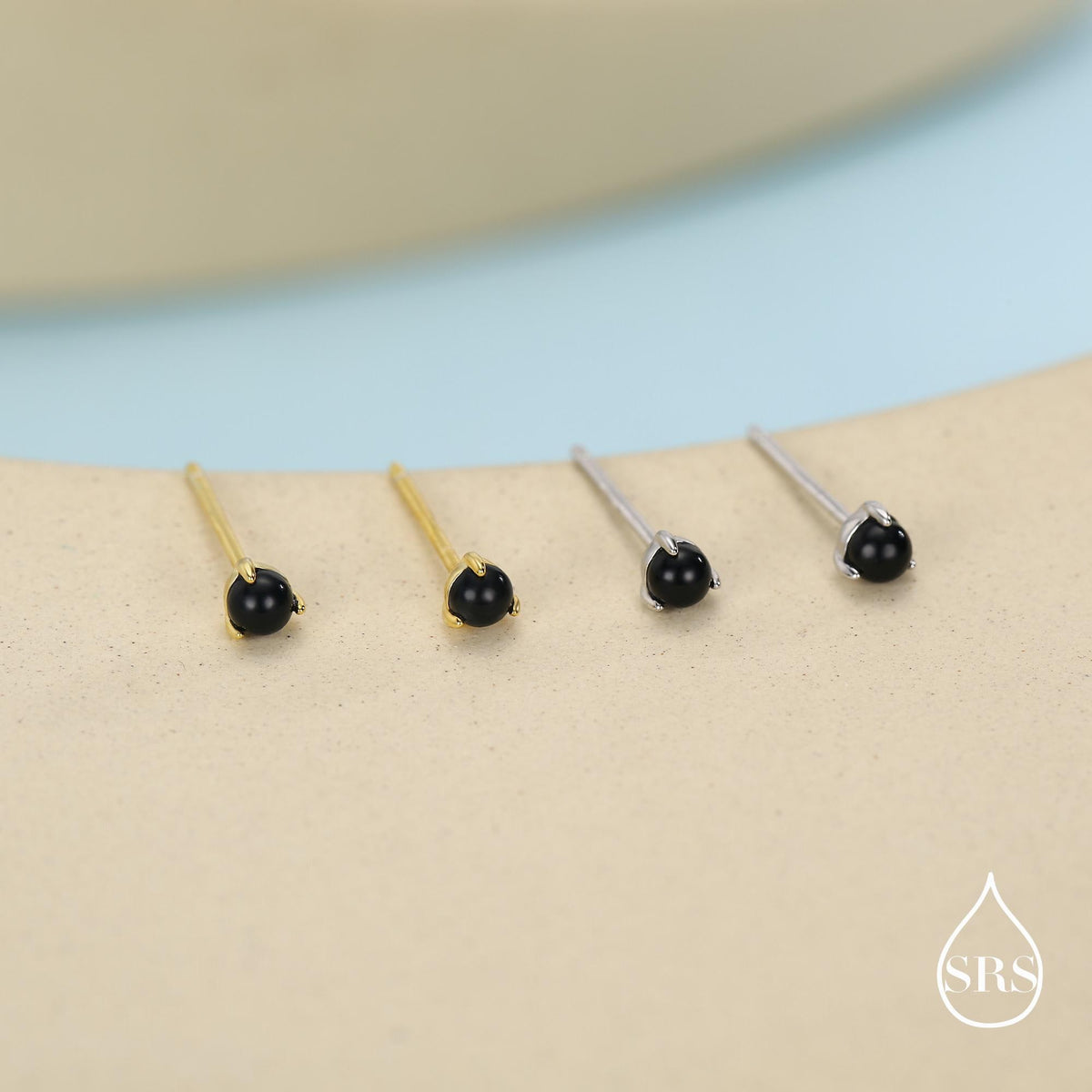 Natural Black Onyx Stud Earrings in Sterling Silver, Semi-Precious Gemstone Earrings, 3mm and 3 prong Genuine Black Onyx Earrings