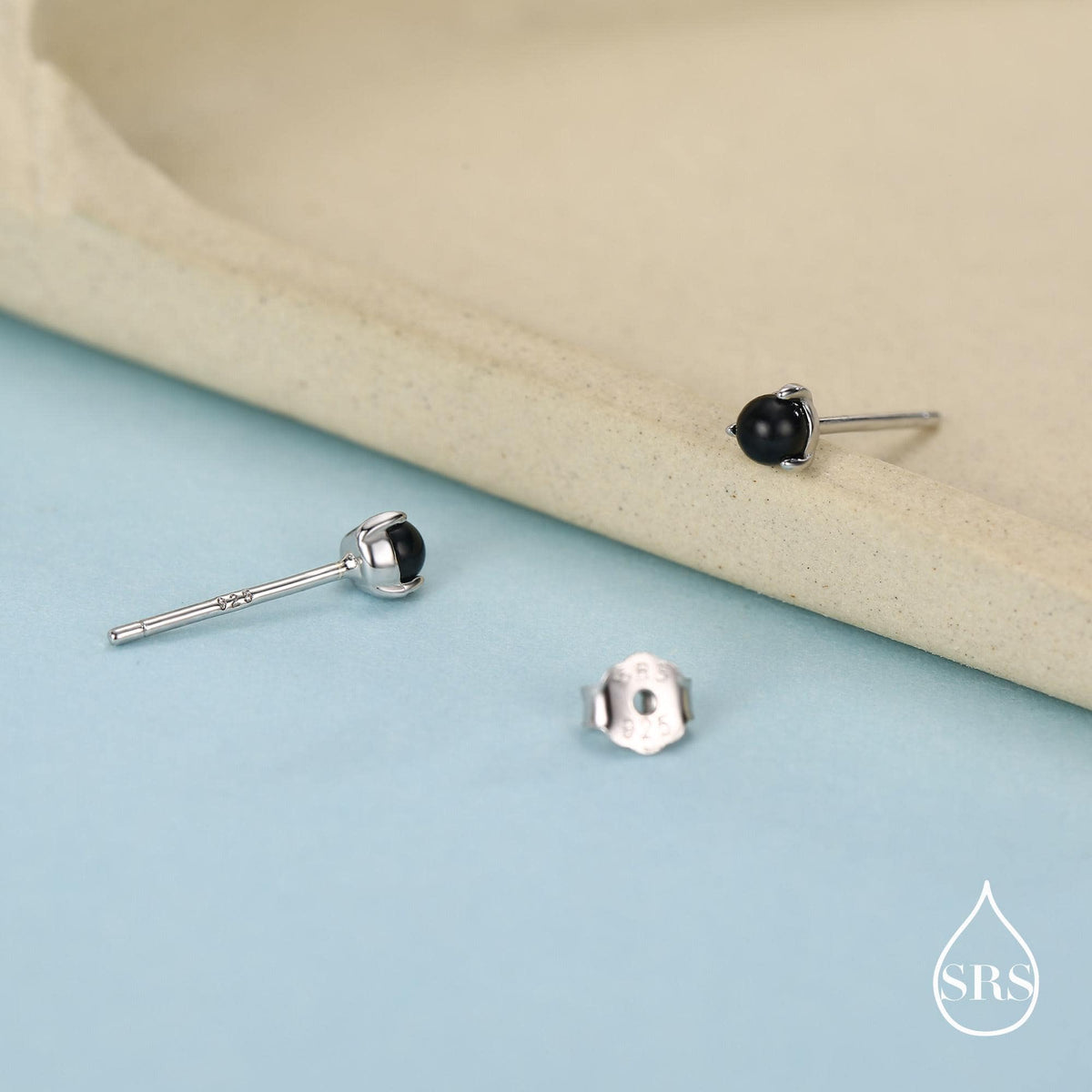 Natural Black Onyx Stud Earrings in Sterling Silver, Semi-Precious Gemstone Earrings, 3mm and 3 prong Genuine Black Onyx Earrings