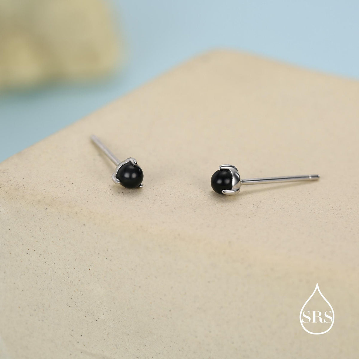 Natural Black Onyx Stud Earrings in Sterling Silver, Semi-Precious Gemstone Earrings, 3mm and 3 prong Genuine Black Onyx Earrings