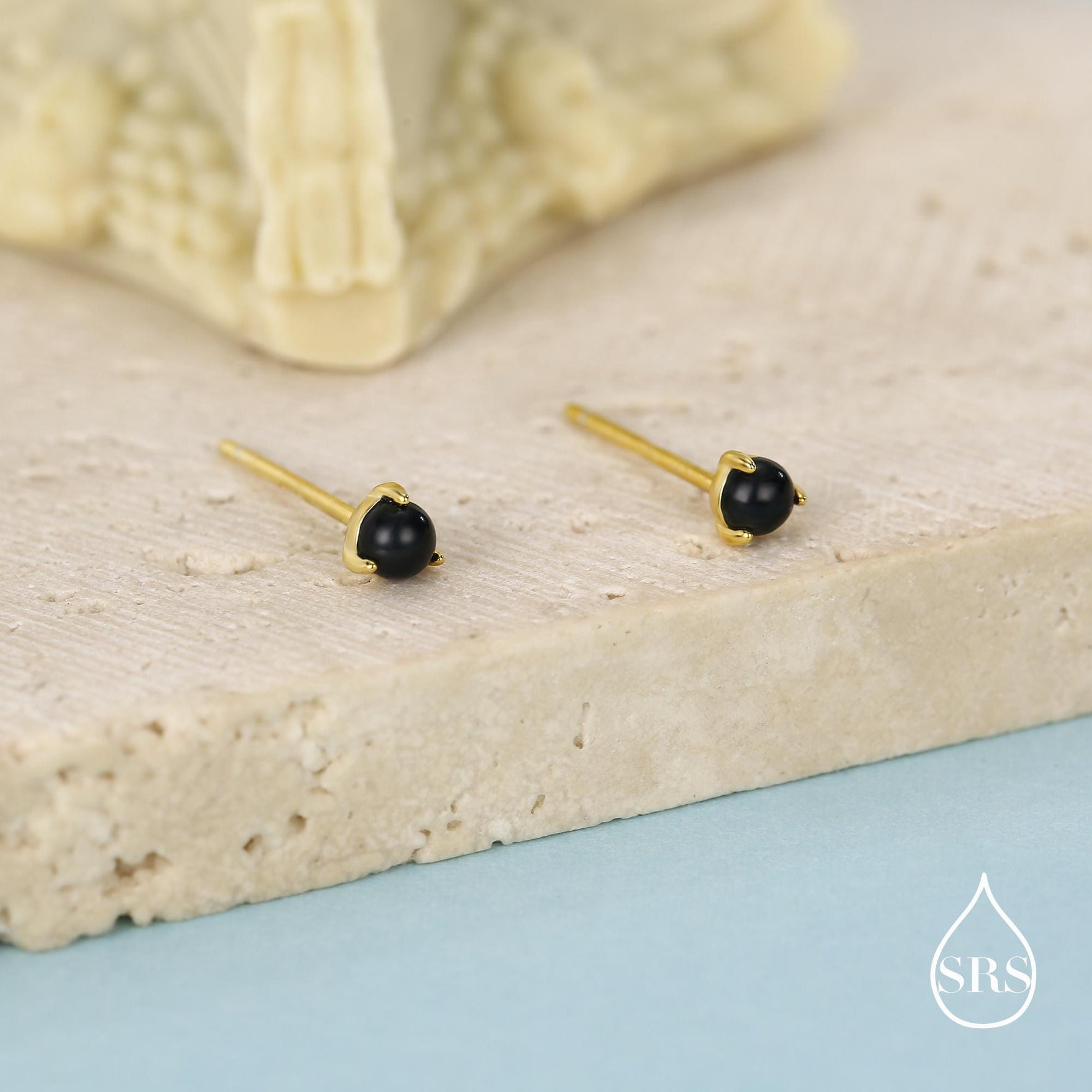 Natural Black Onyx Stud Earrings in Sterling Silver, Semi-Precious Gemstone Earrings, 3mm and 3 prong Genuine Black Onyx Earrings
