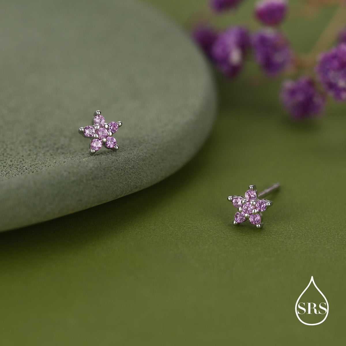 Sterling Silver Tiny Pink CZ Flower Stud Earrings