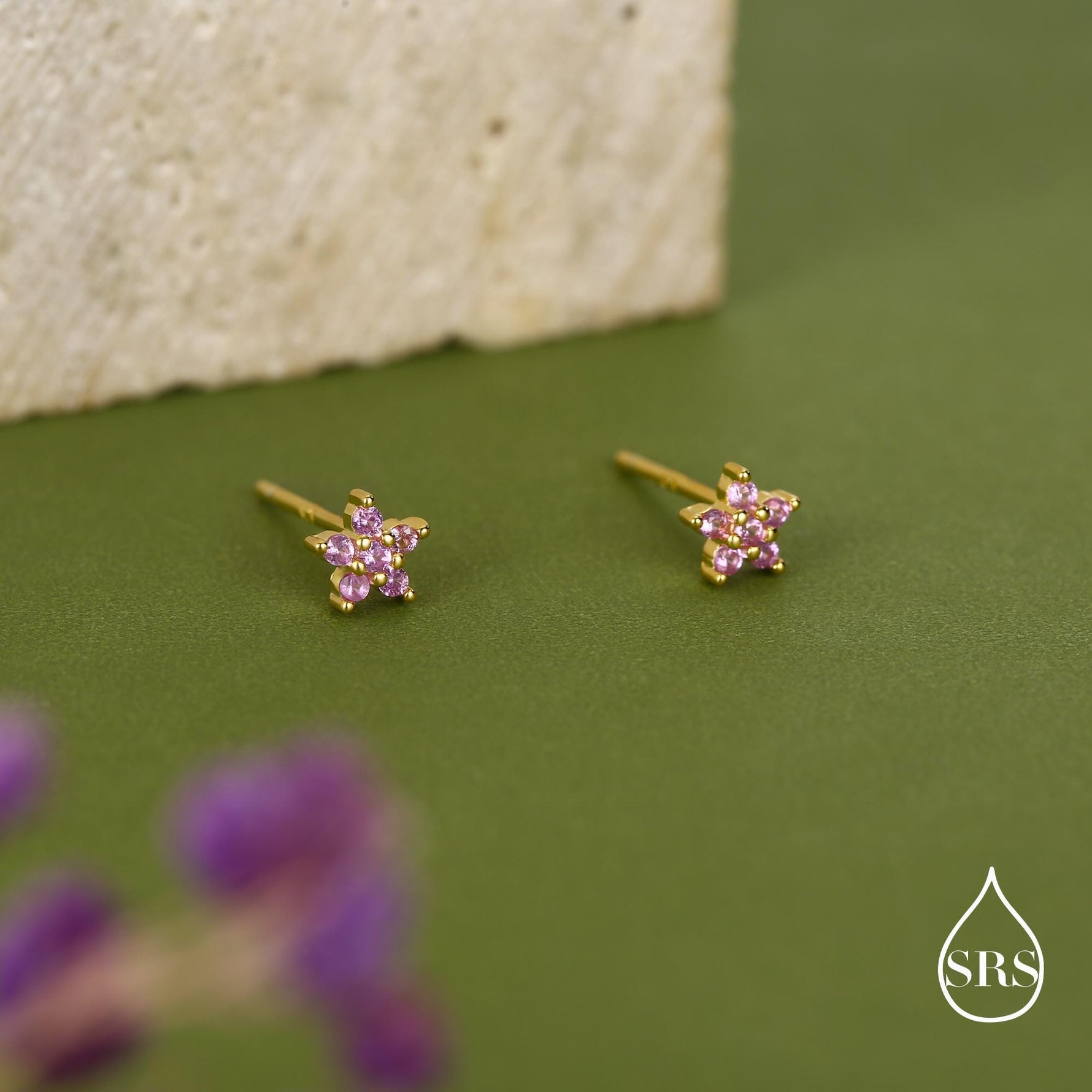 Sterling Silver Tiny Pink CZ Flower Stud Earrings
