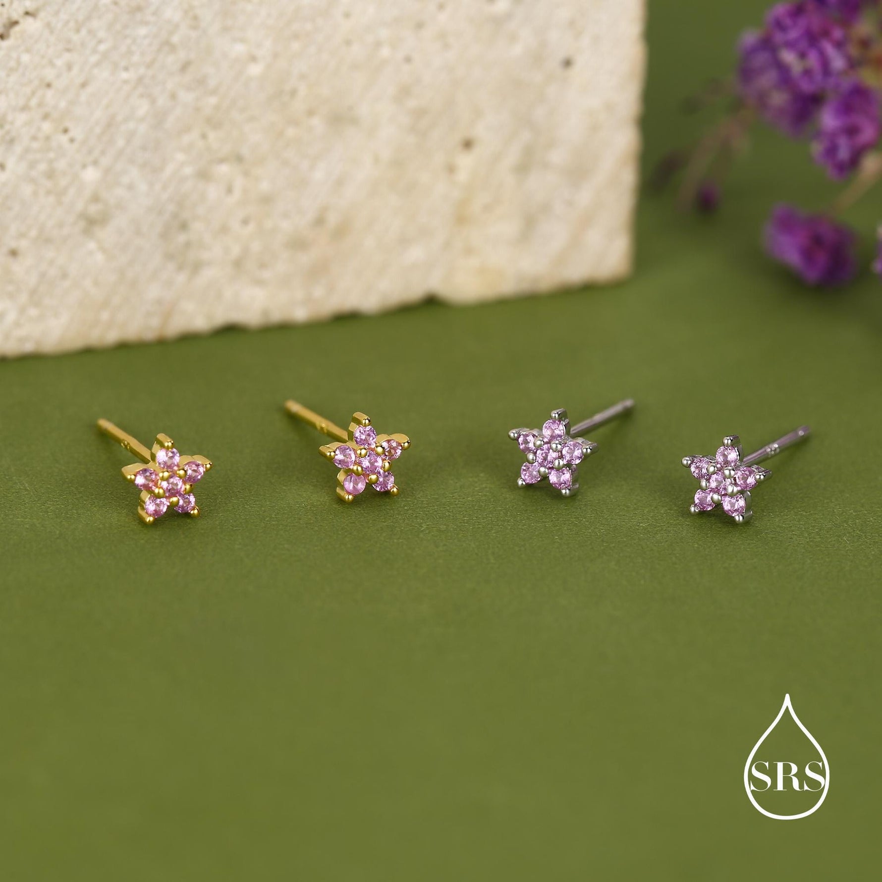 Sterling Silver Tiny Pink CZ Flower Stud Earrings