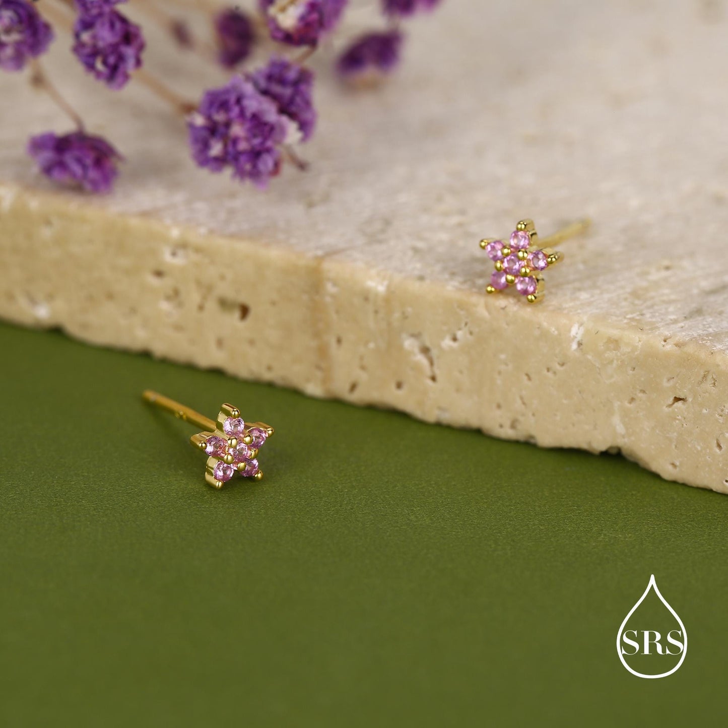 Sterling Silver Tiny Pink CZ Flower Stud Earrings