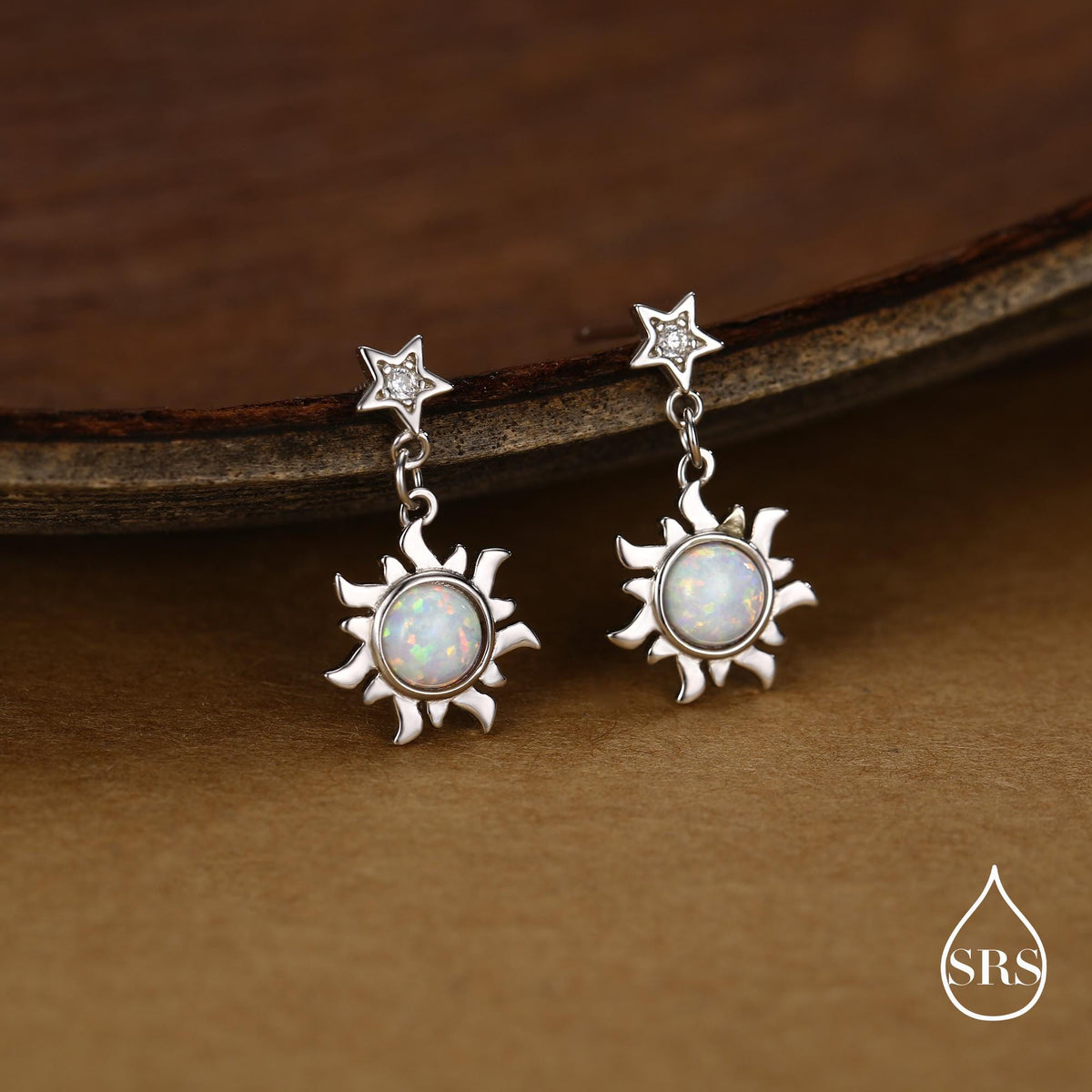 White Opal Sun and Star Dangle Stud Earrings in Sterling Silver, Silver or Gold, Star and Sun Lab Opal Celestial Earring