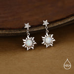 White Opal Sun and Star Dangle Stud Earrings in Sterling Silver, Silver or Gold, Star and Sun Lab Opal Celestial Earring