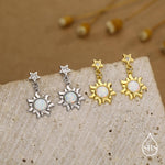 White Opal Sun and Star Dangle Stud Earrings in Sterling Silver, Silver or Gold, Star and Sun Lab Opal Celestial Earring