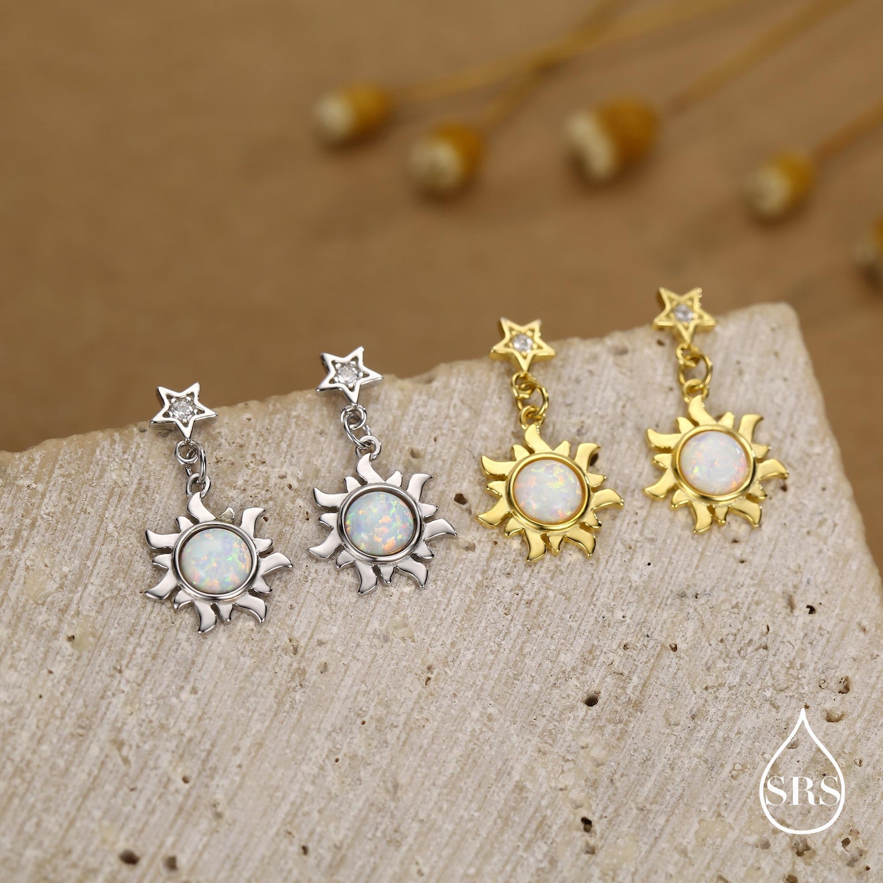 White Opal Sun and Star Dangle Stud Earrings in Sterling Silver, Silver or Gold, Star and Sun Lab Opal Celestial Earring