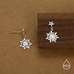 White Opal Sun and Star Dangle Stud Earrings in Sterling Silver, Silver or Gold, Star and Sun Lab Opal Celestial Earring