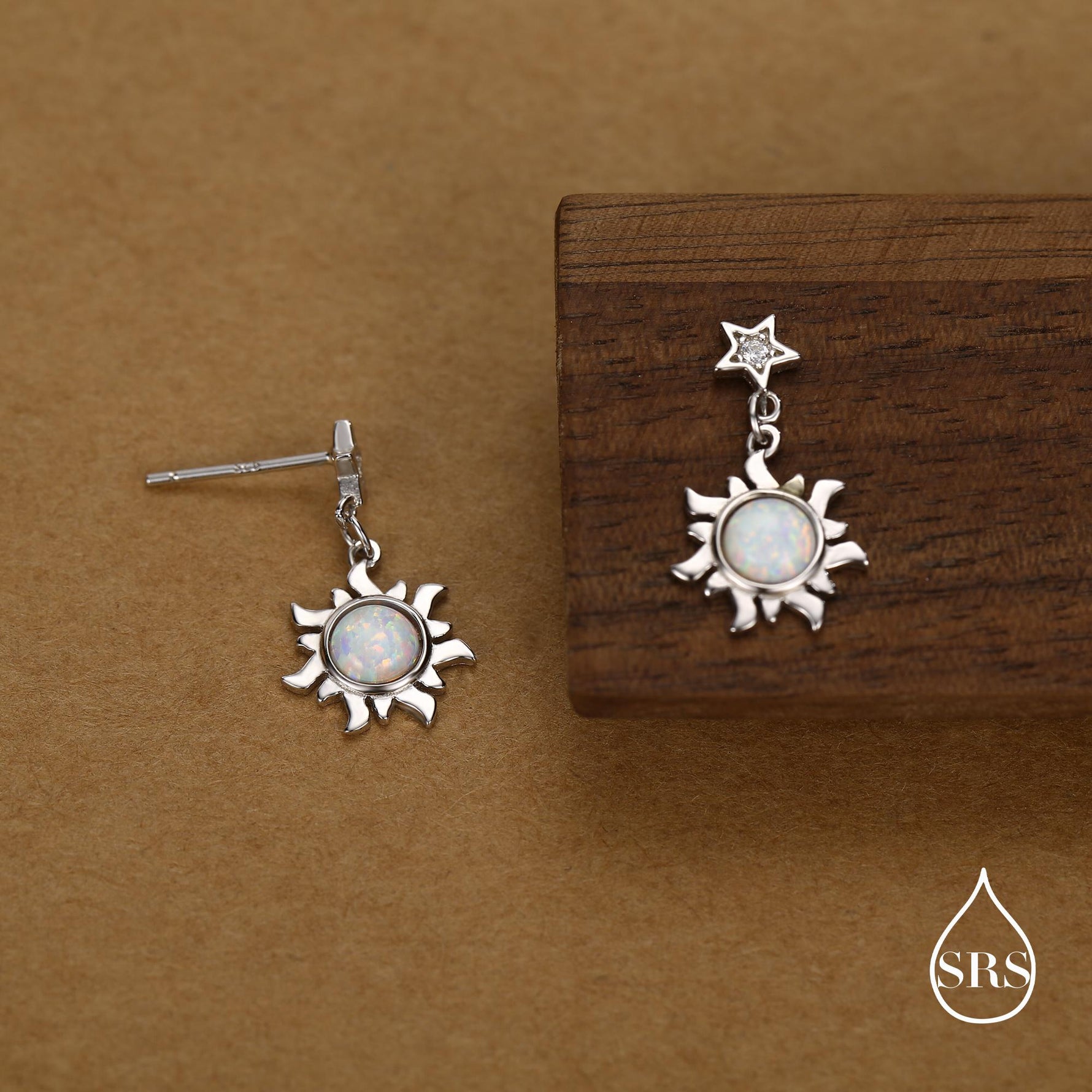 White Opal Sun and Star Dangle Stud Earrings in Sterling Silver, Silver or Gold, Star and Sun Lab Opal Celestial Earring