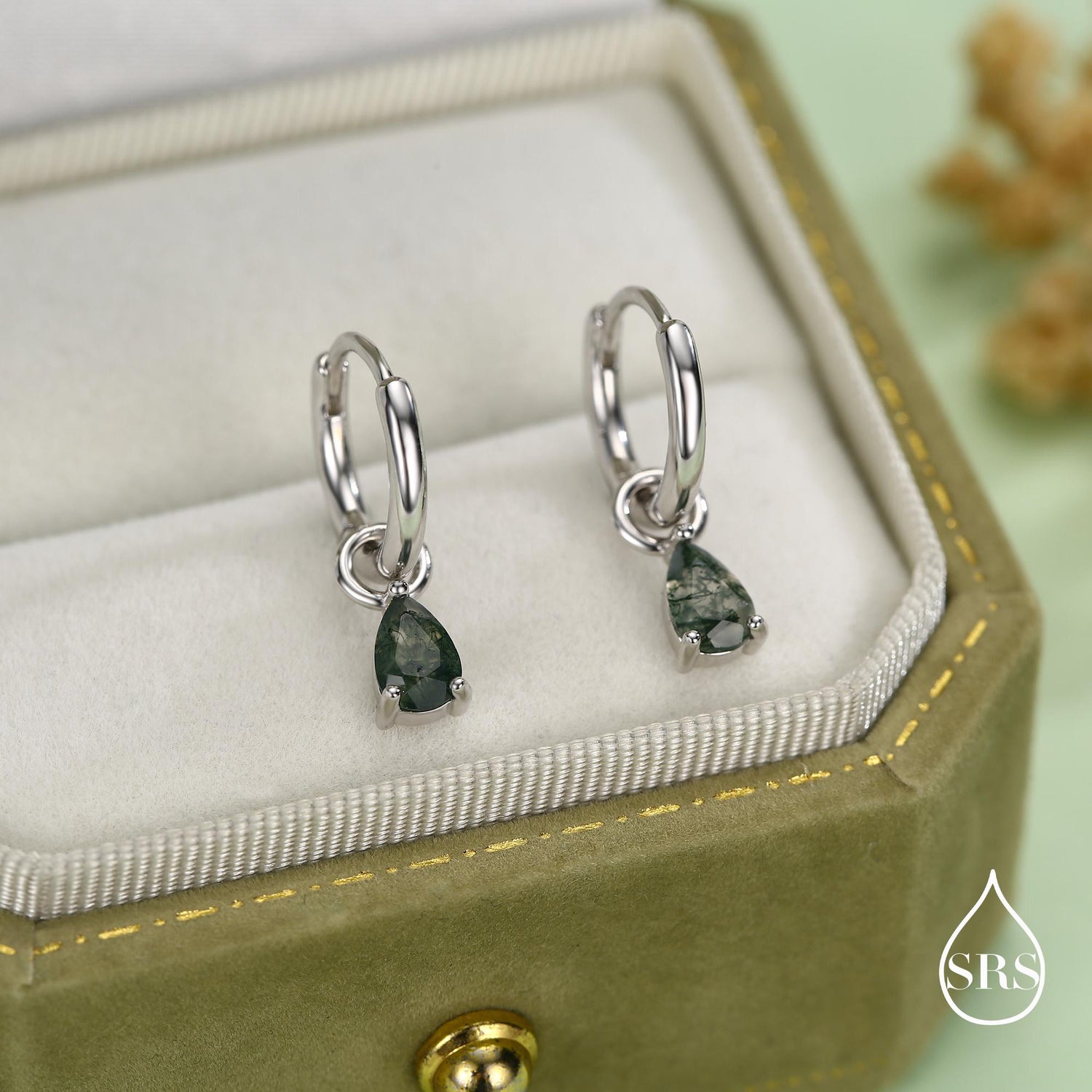 Moss Agate Droplet Huggie Hoop Earrings in Sterling Silver, Nature Inspired Droplet Earrings, Detachable and Interchangable Charms