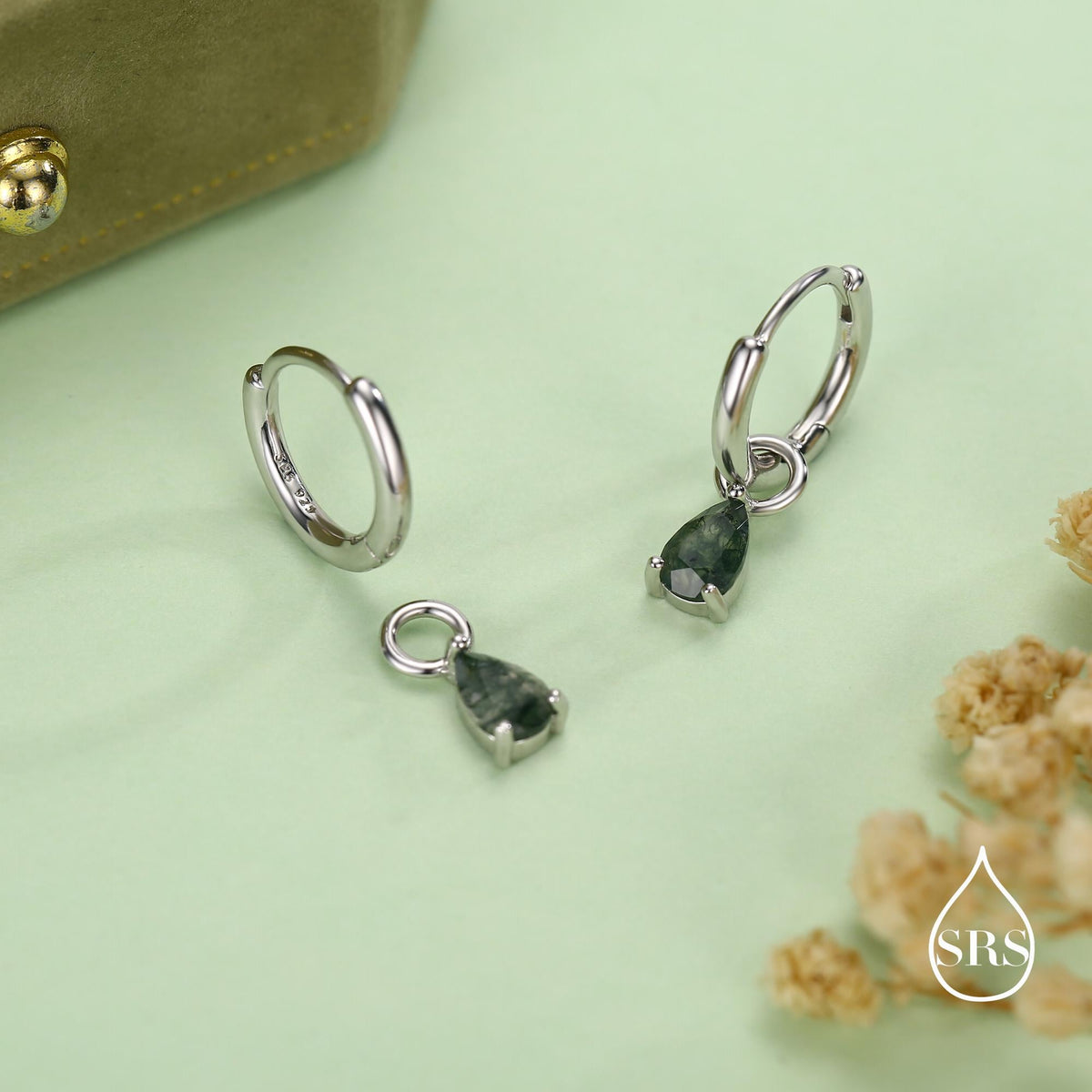 Sterling Silver Moss Agate Teardrop Earring Charms