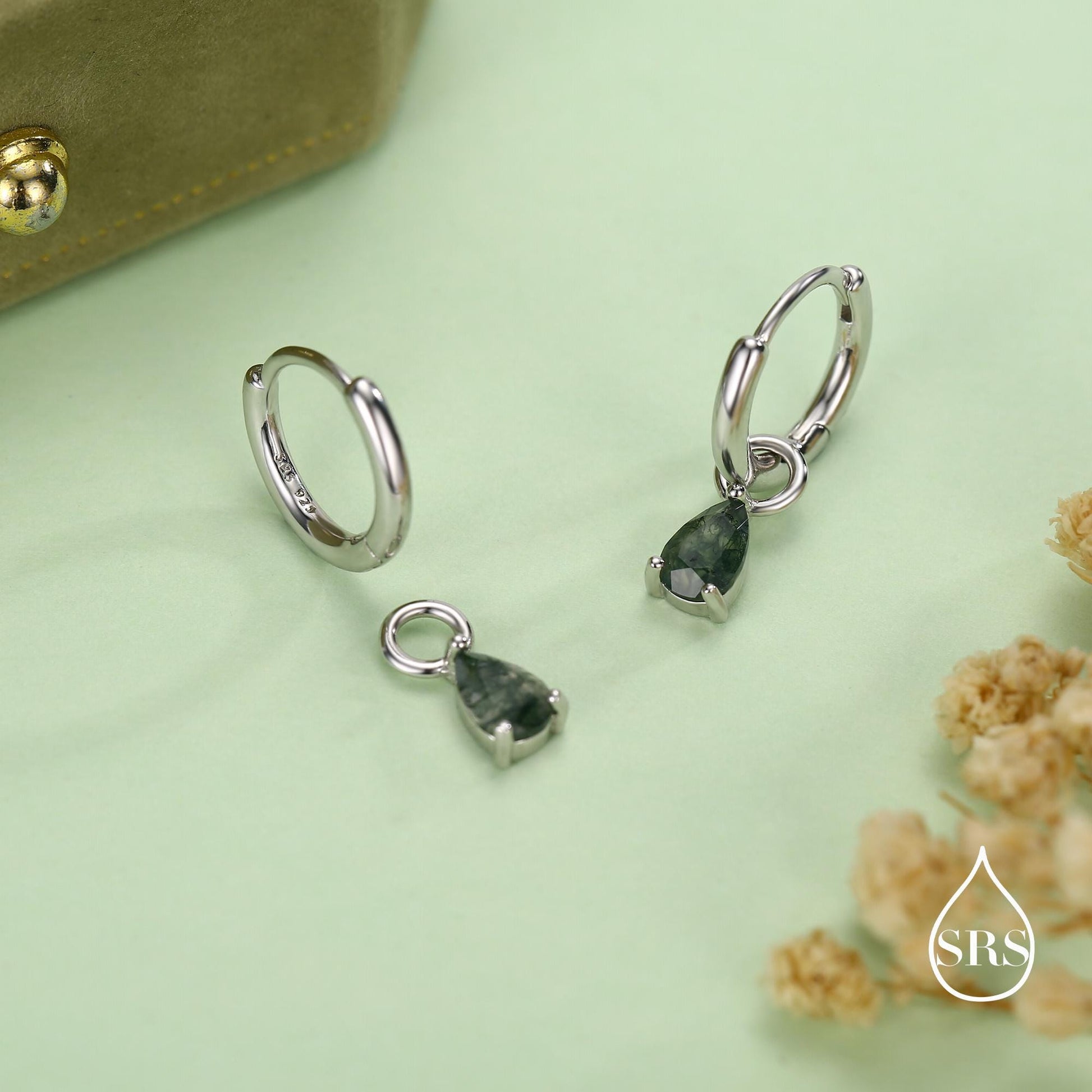 Sterling Silver Moss Agate Teardrop Earring Charms