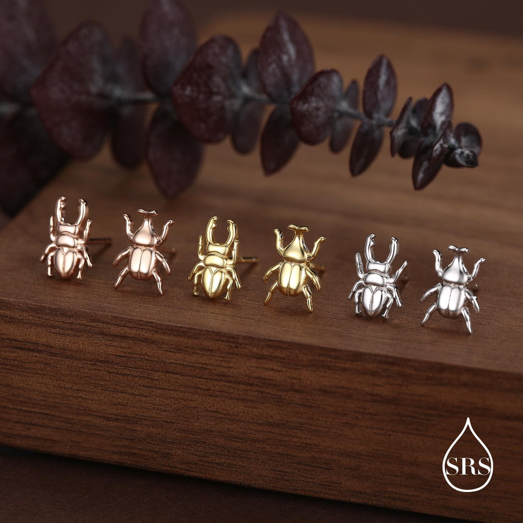 Mismatched Stag Beetle Stud Earrings in Sterling Silver, Silver, Gold or Rose Gold, Asymmetric Beetle Earrings, Bugs Earrings,