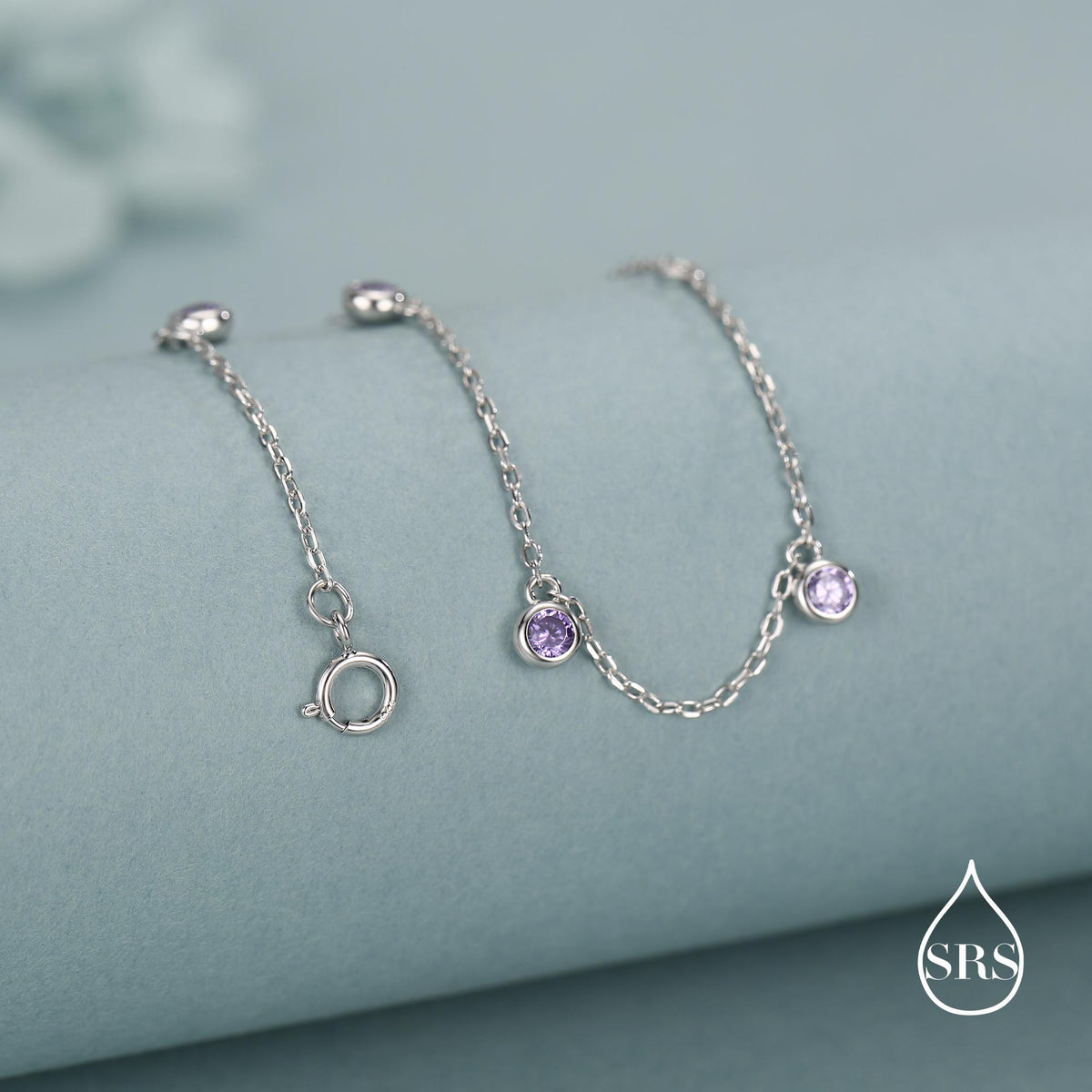 Purple CZ Charm Bracelet in Sterling Silver, Silver or Gold, Amethyst Purple CZ Bracelet, Satellite Bracelet